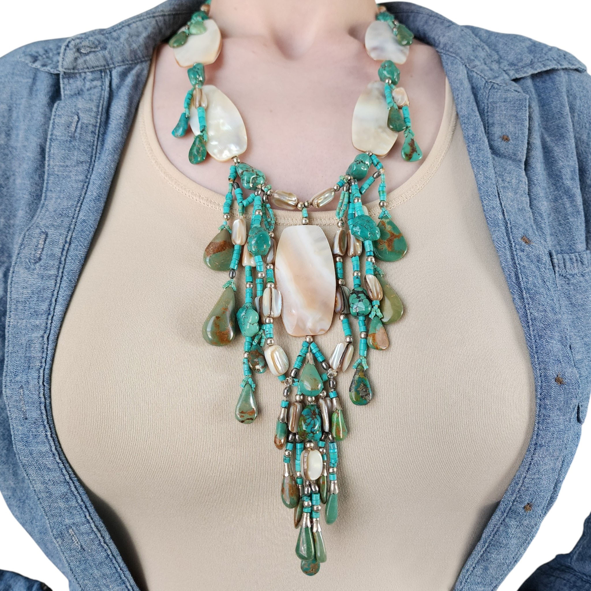 Gilbert & Nettie Hunter Navajo Sterling Kings Manassa Turquoise and Mother of Pearl Necklace