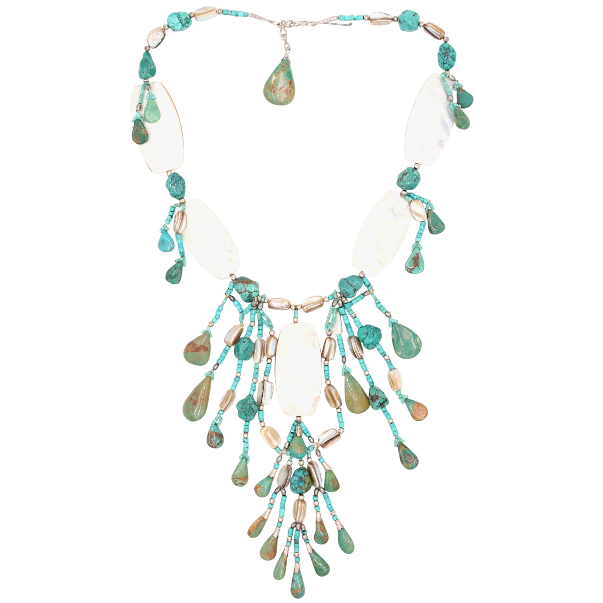 Gilbert & Nettie Hunter Navajo Sterling Kings Manassa Turquoise and Mother of Pearl Necklace