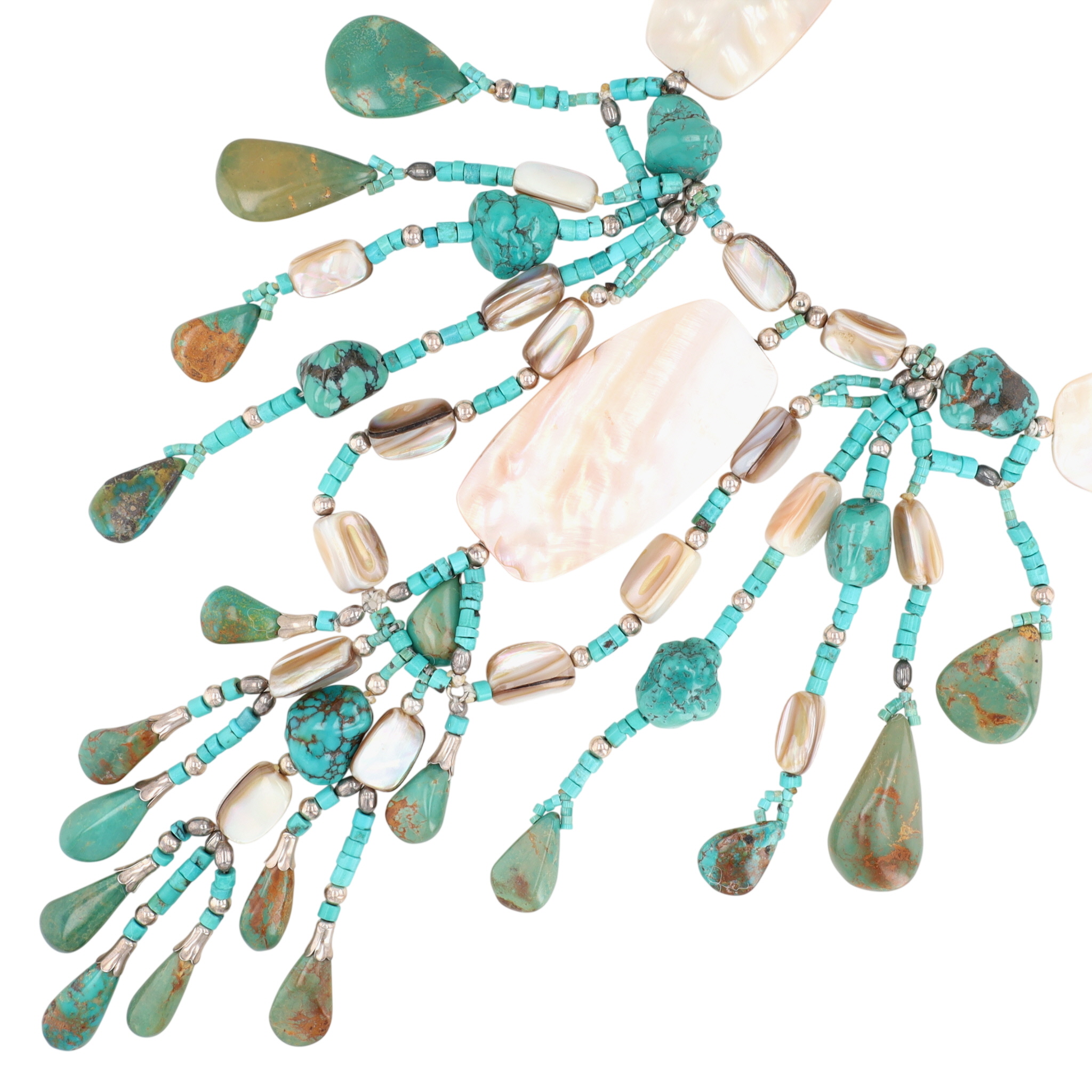 Gilbert & Nettie Hunter Navajo Sterling Kings Manassa Turquoise and Mother of Pearl Necklace