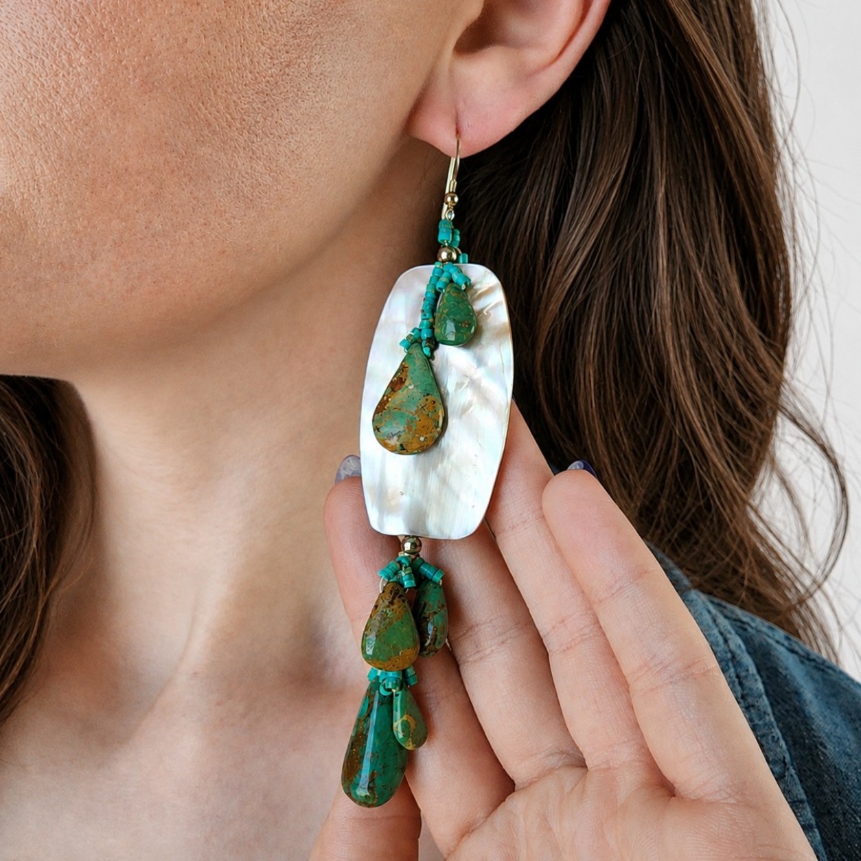 Gilbert & Nettie Hunter Navajo Sterling Kings Manassa Turquoise and Mother of Pearl Earrings
