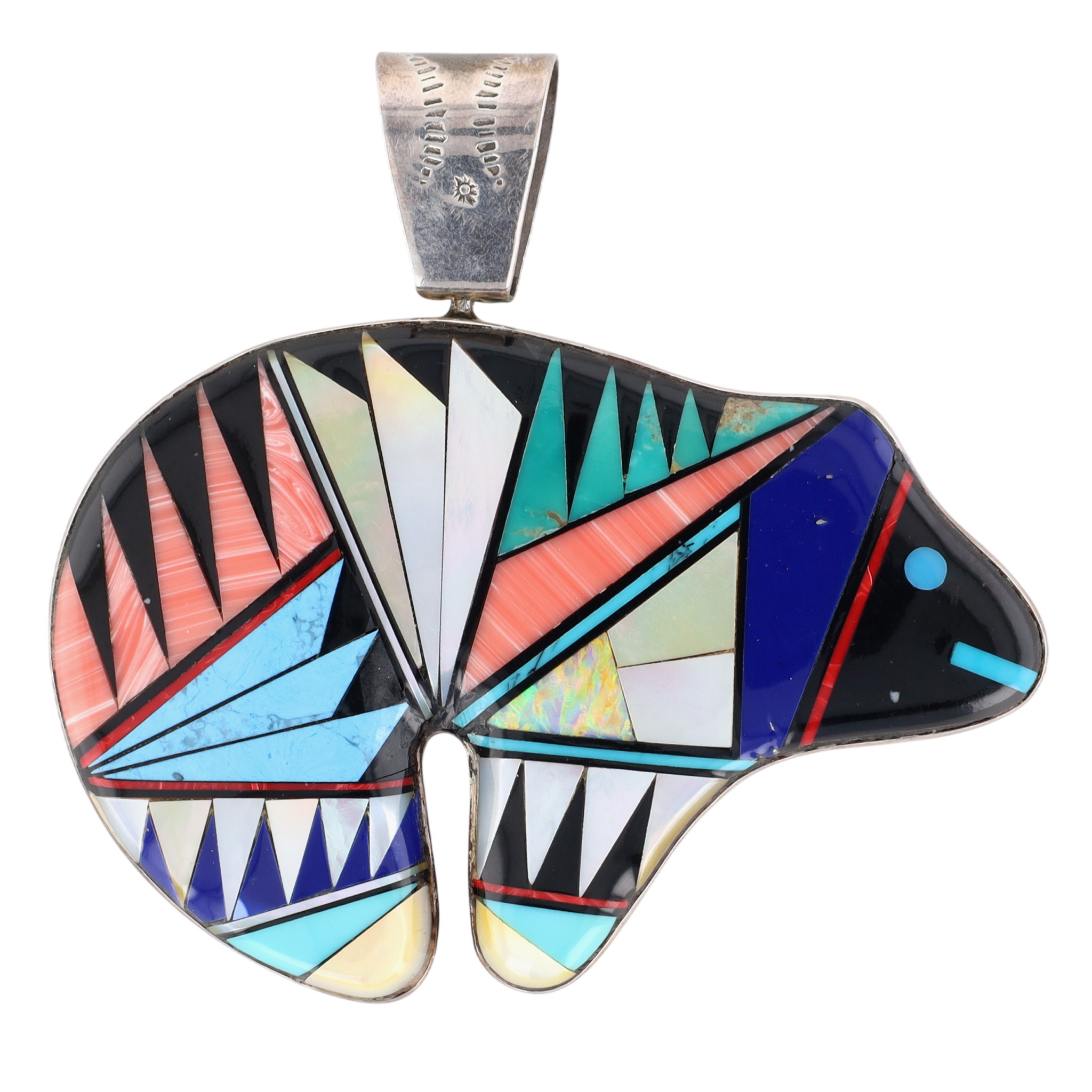 Big! Signed Sterling Reversible Multi-Stone Inlay Bear Pendant