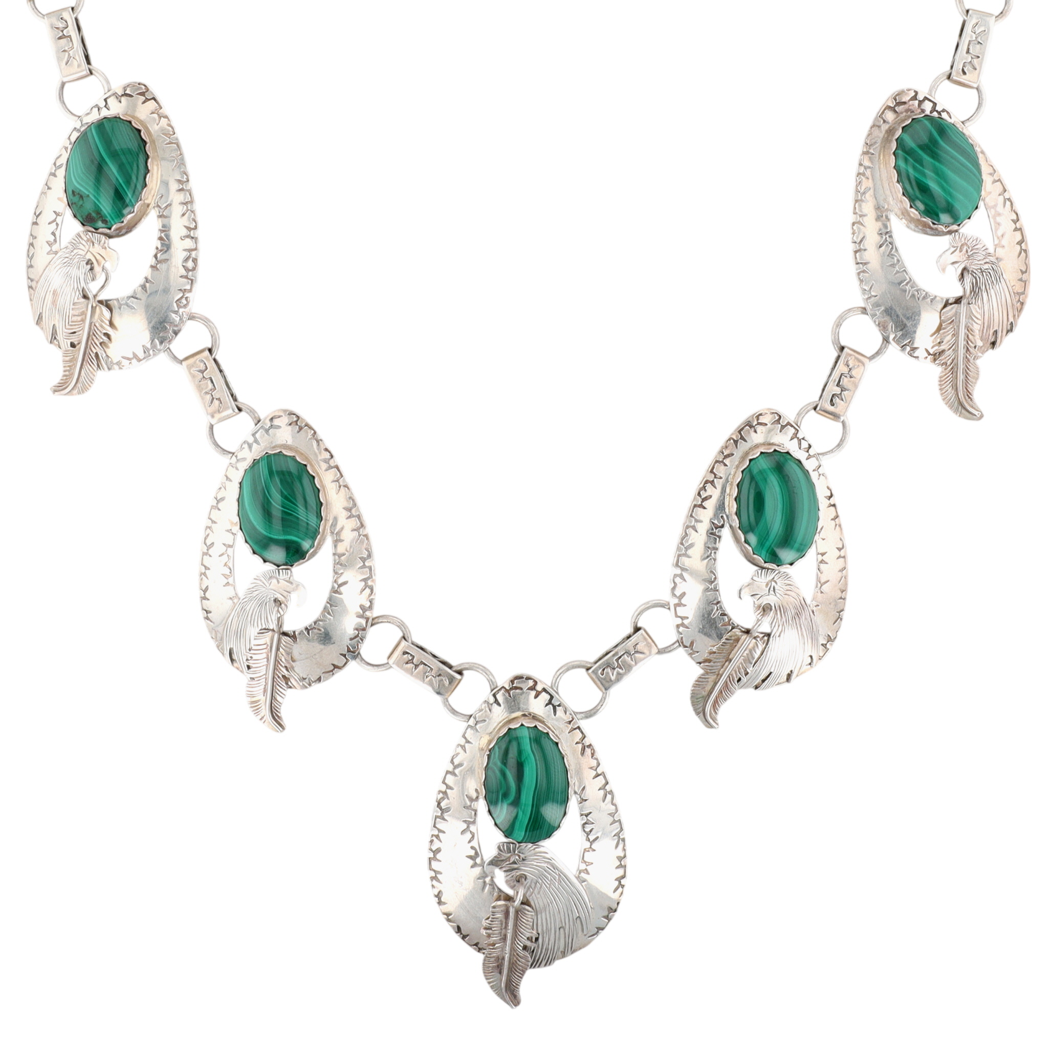 Navajo Sterling Malachite Stamped Eagle Necklace