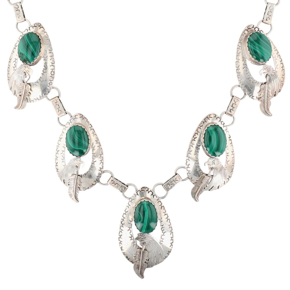 Lot 371: Navajo Sterling Malachite Stamped Eagle Necklace