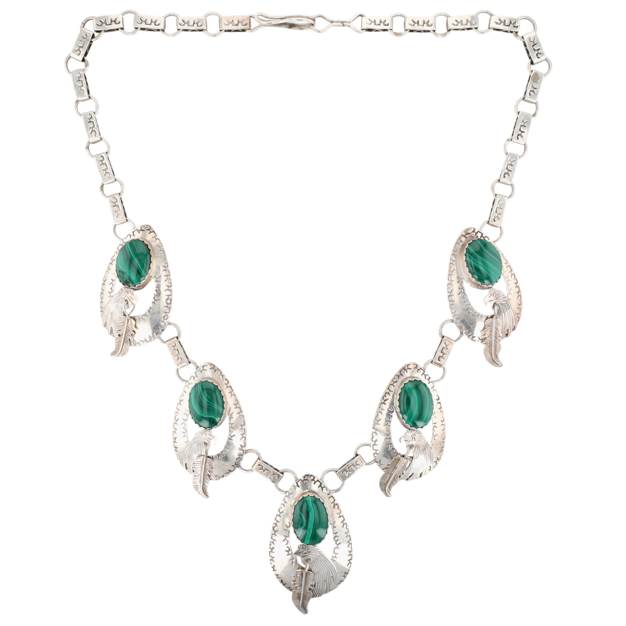Navajo Sterling Malachite Stamped Eagle Necklace