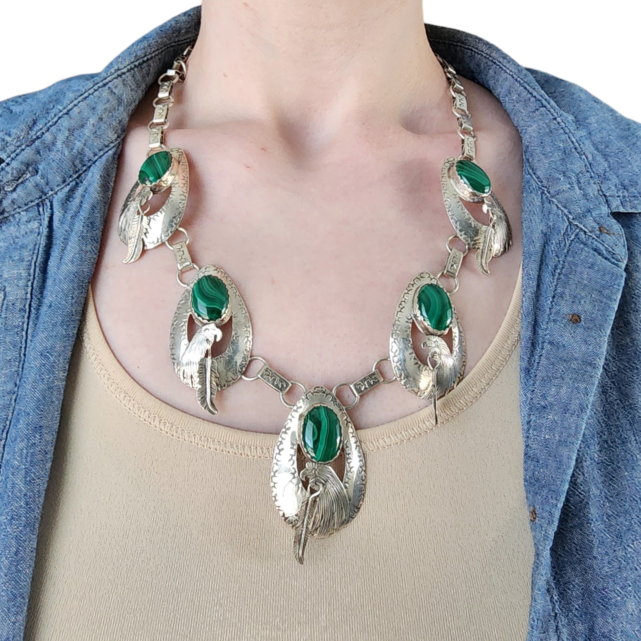 Navajo Sterling Malachite Stamped Eagle Necklace