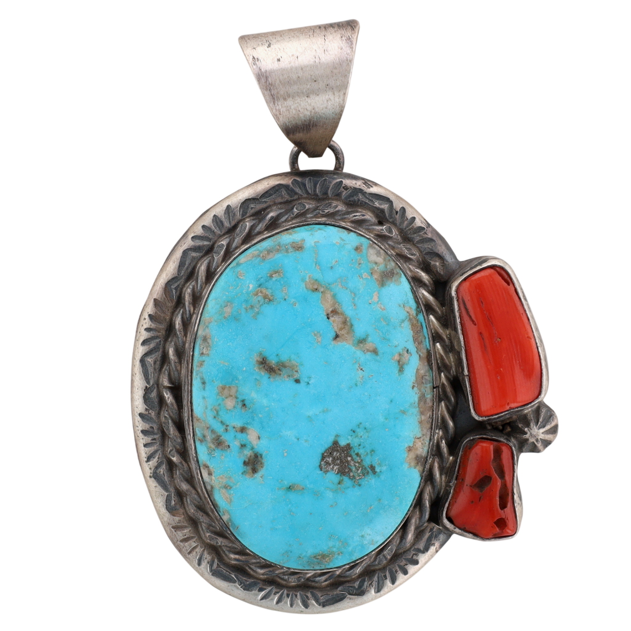 Betta Lee Navajo Sterling Kingman Turquoise & Coral Pendant