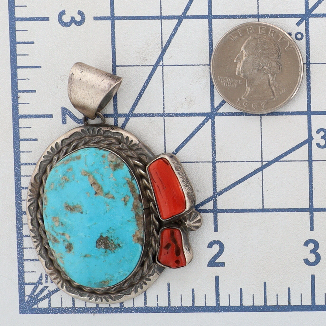 Betta Lee Navajo Sterling Kingman Turquoise & Coral Pendant