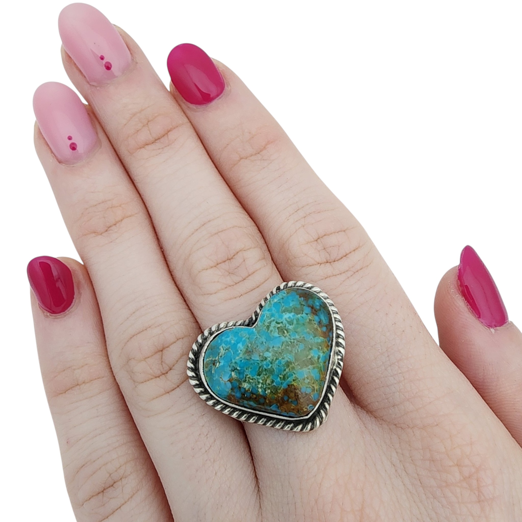 Larson Chee Navajo Sterling Kingman Turquoise Heart Adjustable Ring