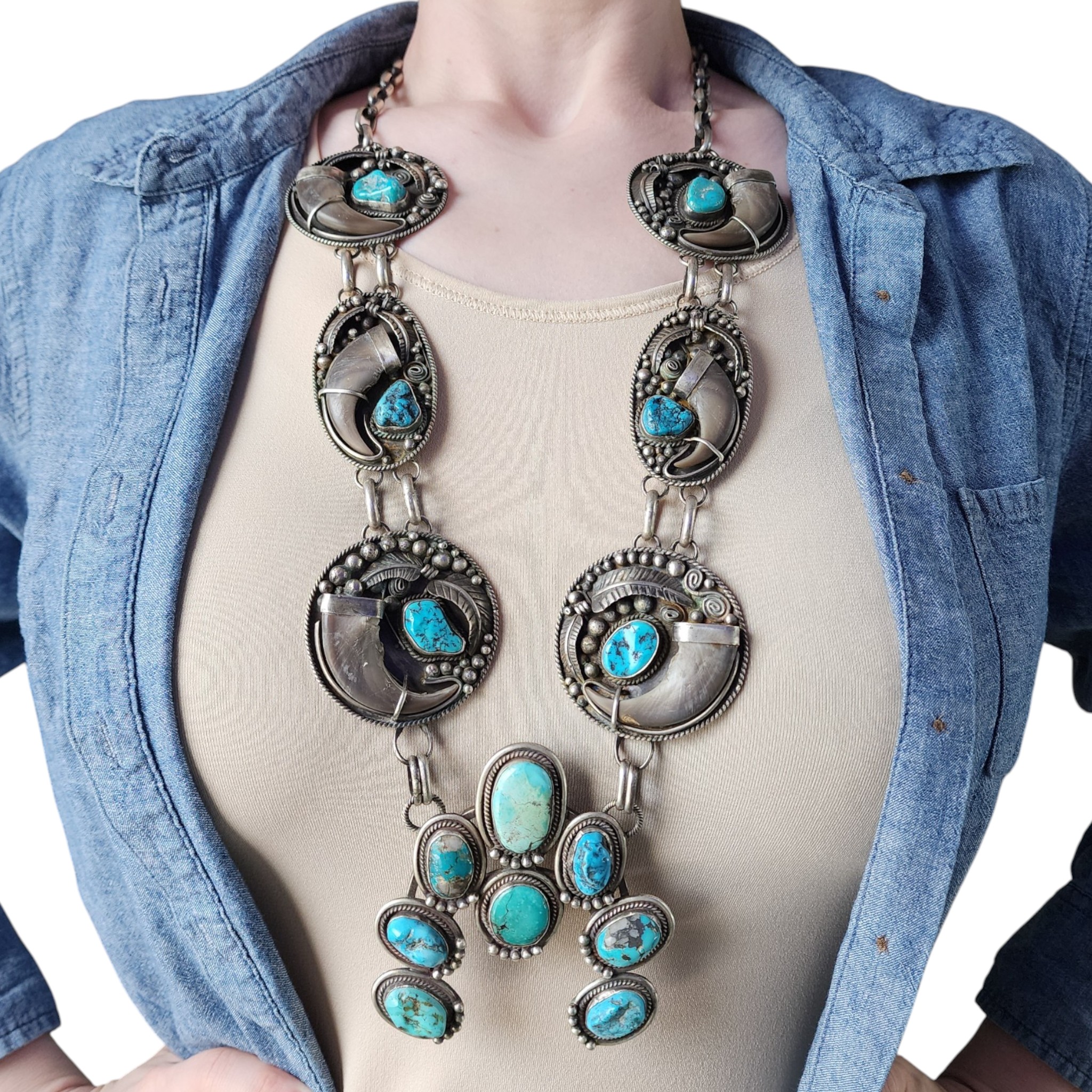Matthew Jack Navajo Sterling Turquoise Bear Claw Necklace