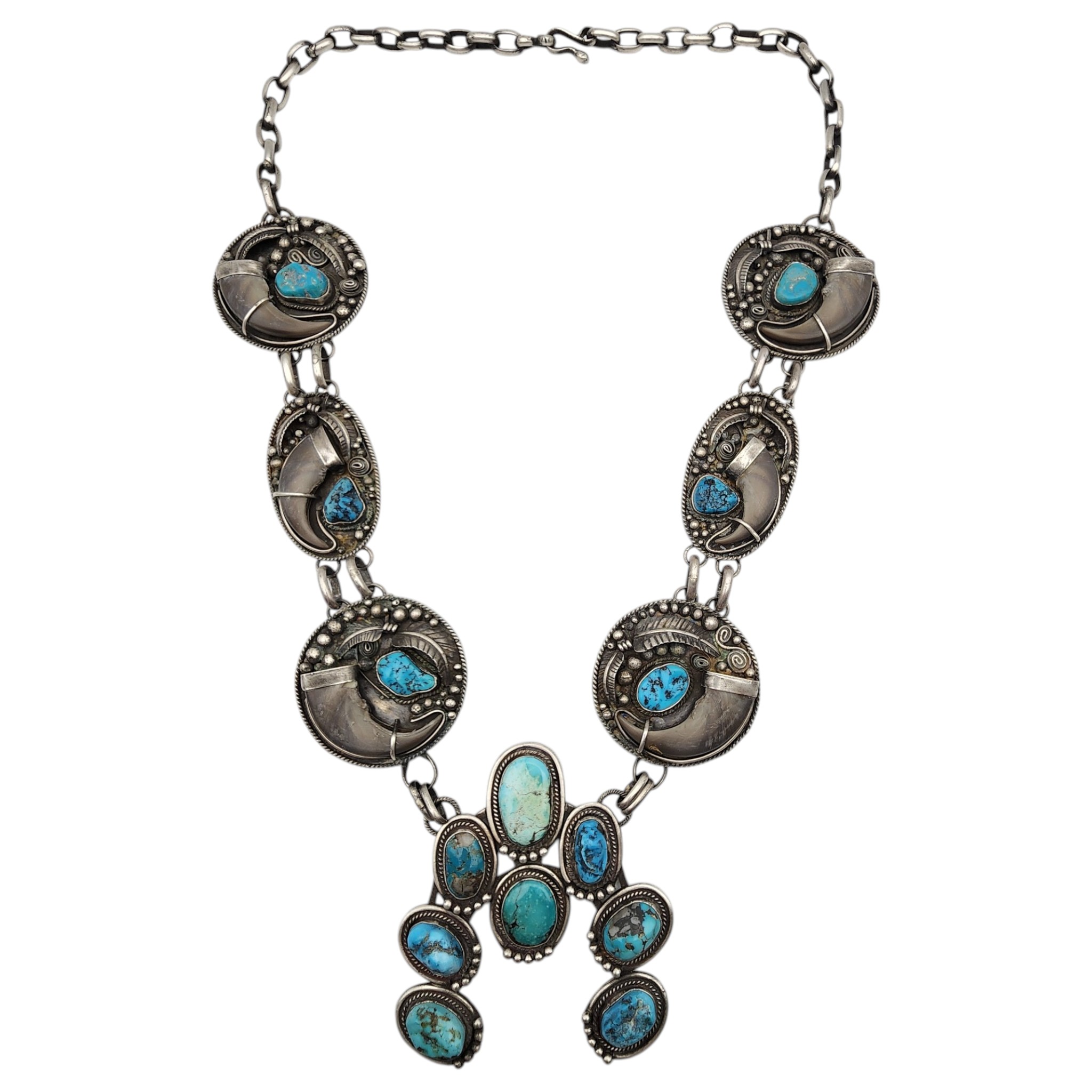 Matthew Jack Navajo Sterling Turquoise Bear Claw Necklace