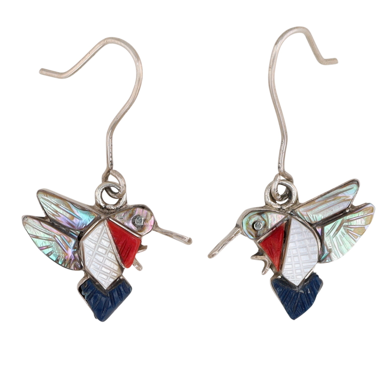 Stephen Lonjose Zuni Sterling Carved Hummingbird Earrings