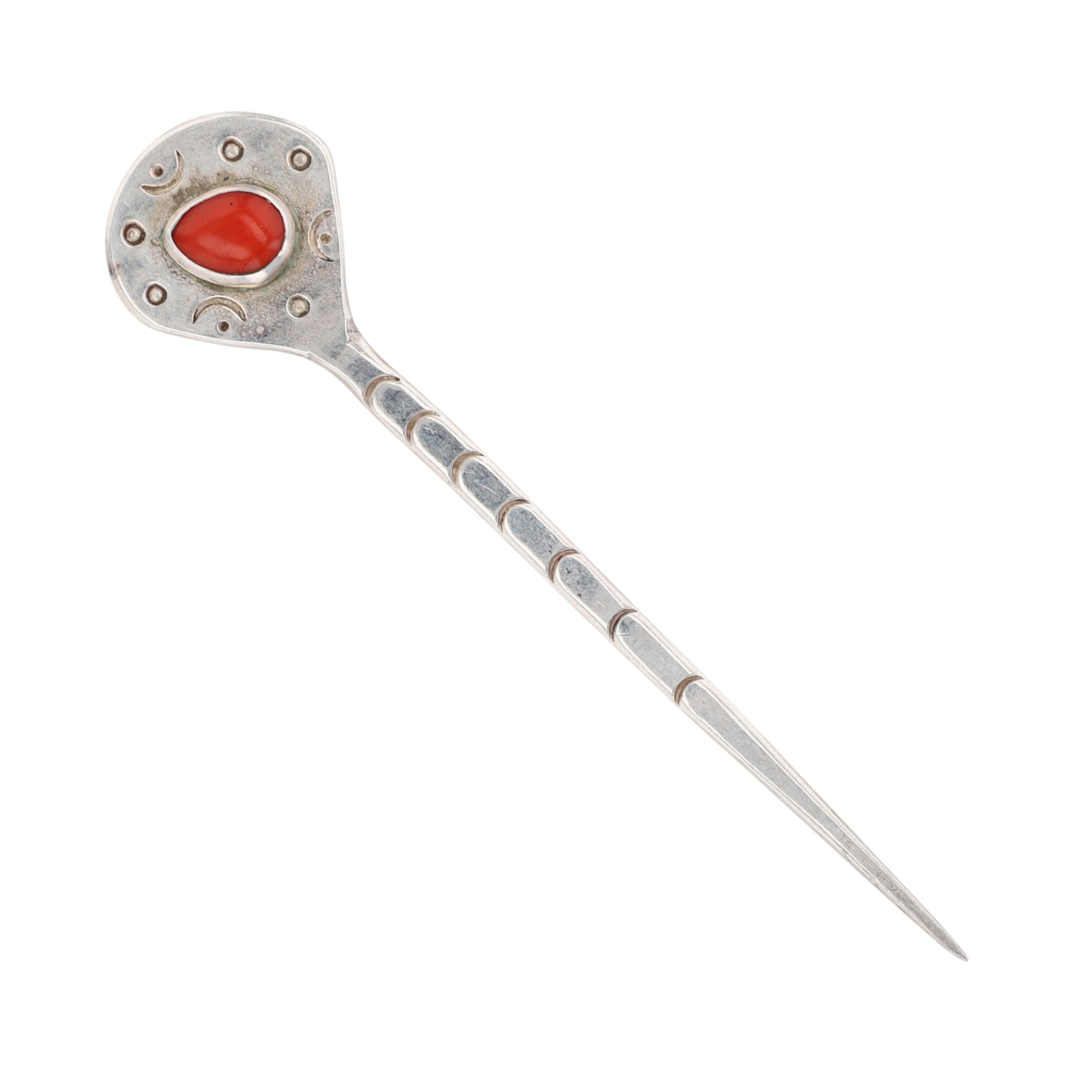 Vintage Signed Navajo Sterling Coral Stamped Hair Stick Pin
