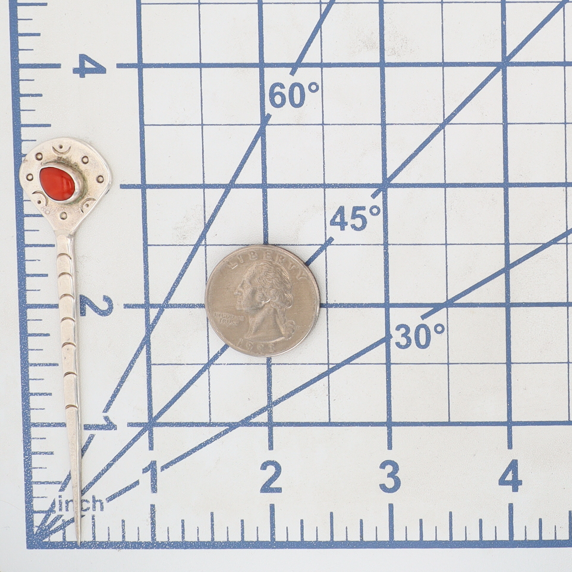 Vintage Signed Navajo Sterling Coral Stamped Hair Stick Pin