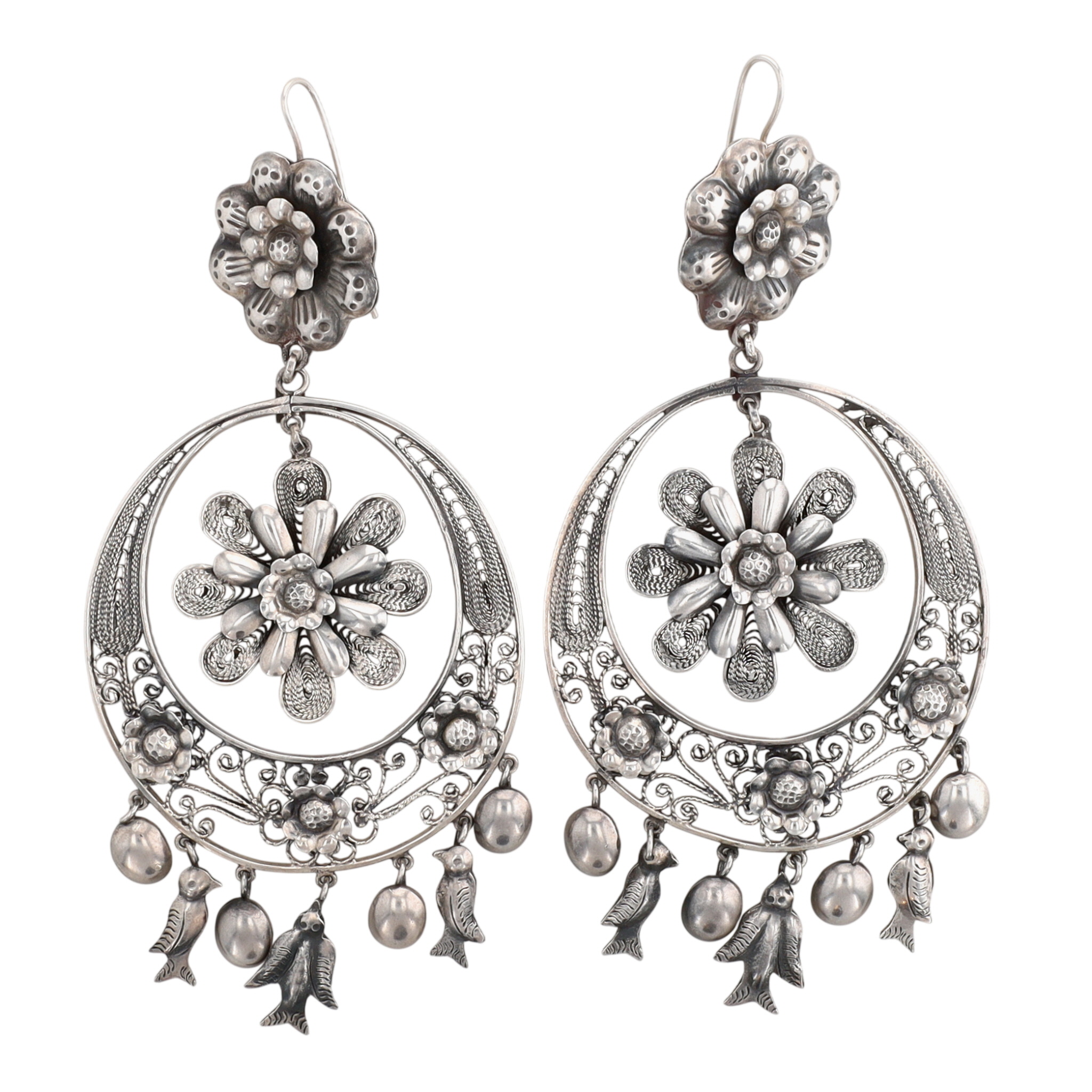 Federico Jimenez Sterling Floral Filigree Chandelier Dangle Earrings