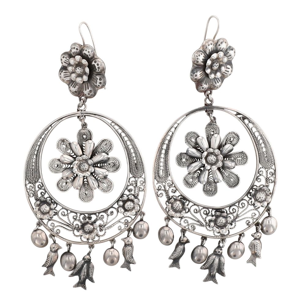 Lot 396: Federico Jimenez Sterling Floral Filigree Chandelier Dangle Earrings