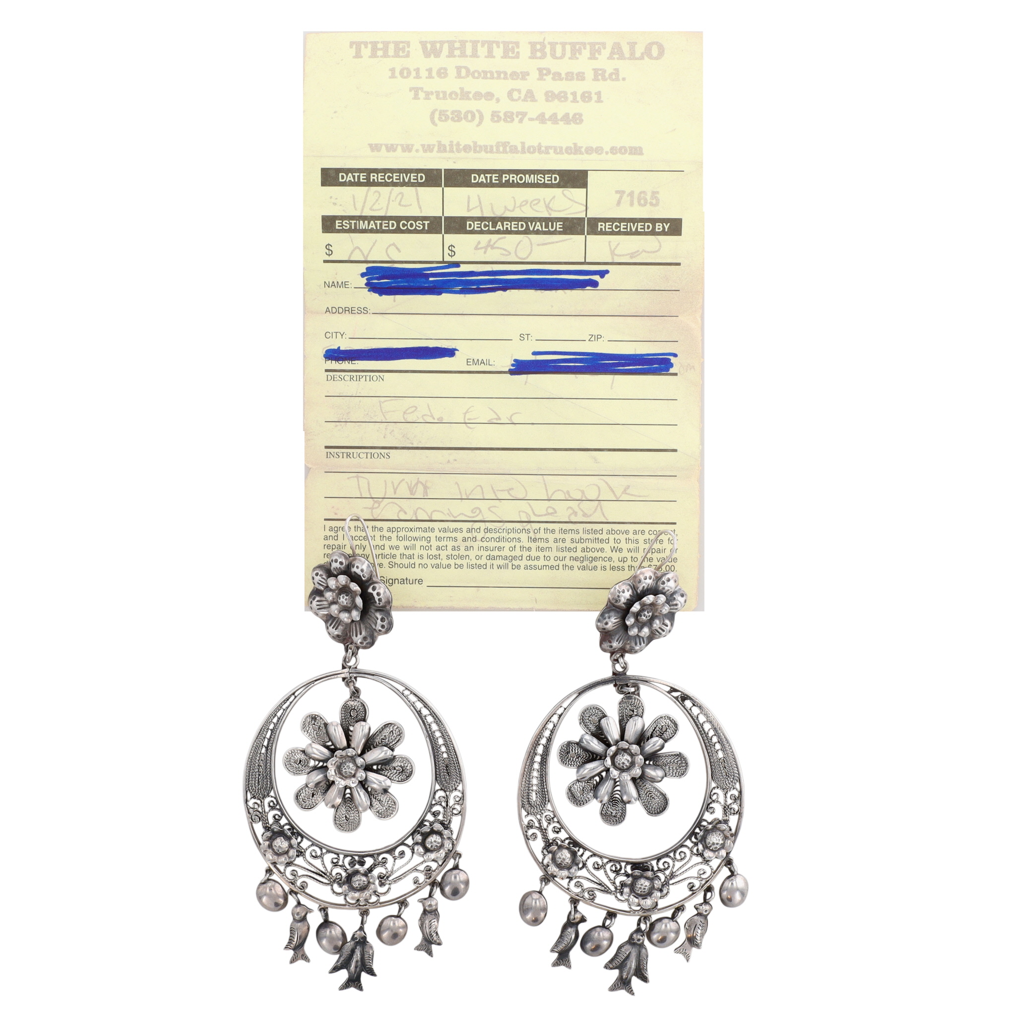 Federico Jimenez Sterling Floral Filigree Chandelier Dangle Earrings
