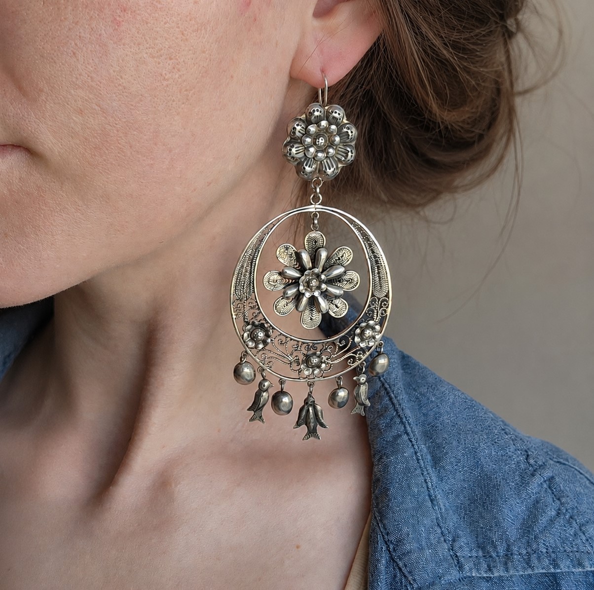 Federico Jimenez Sterling Floral Filigree Chandelier Dangle Earrings