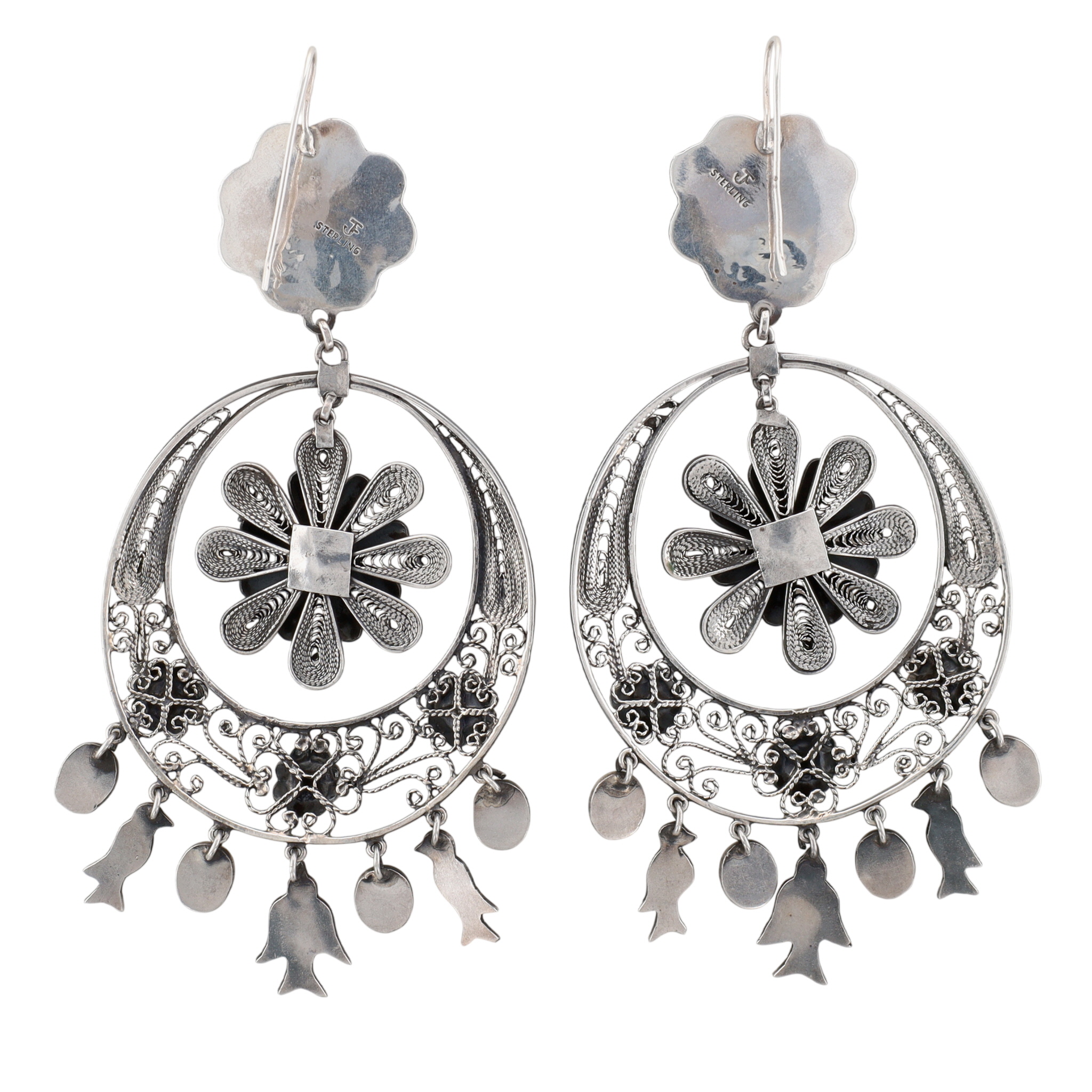 Federico Jimenez Sterling Floral Filigree Chandelier Dangle Earrings