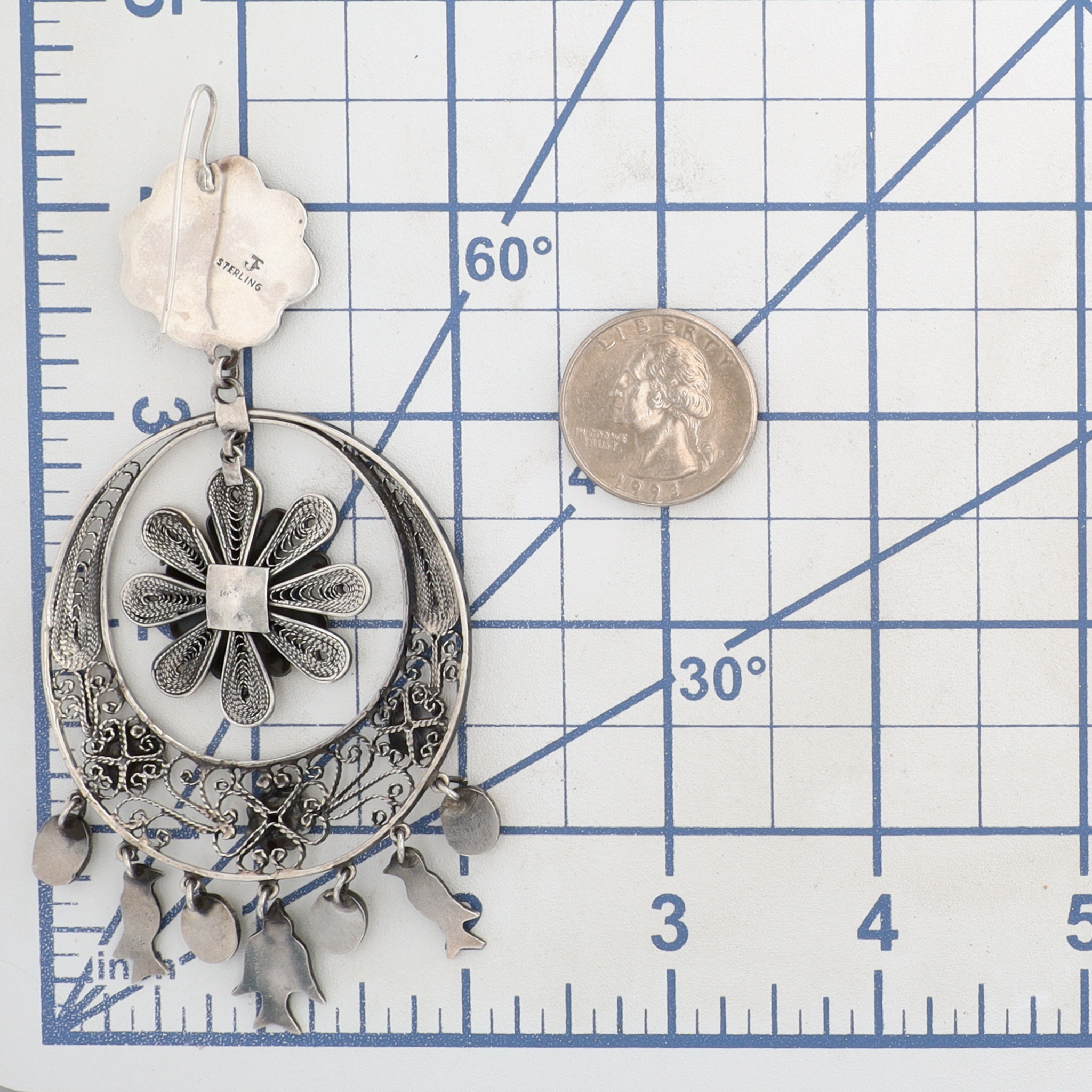 Federico Jimenez Sterling Floral Filigree Chandelier Dangle Earrings