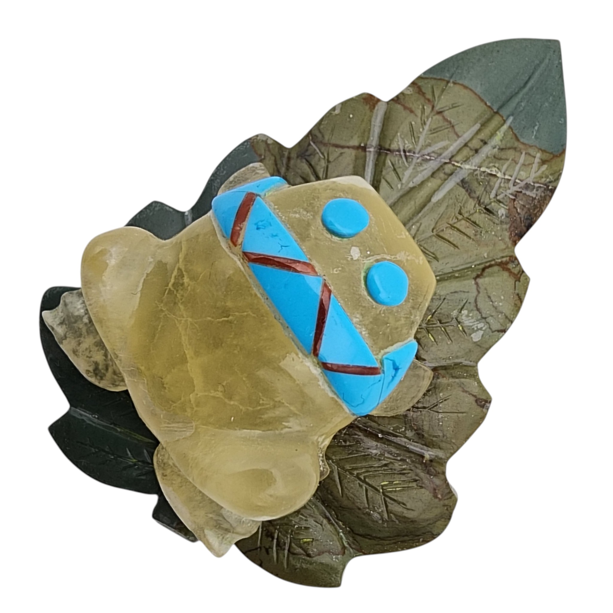 Peter Natewa Zuni Multi-Stone Inlay Frog on Leaf Fetish Carving