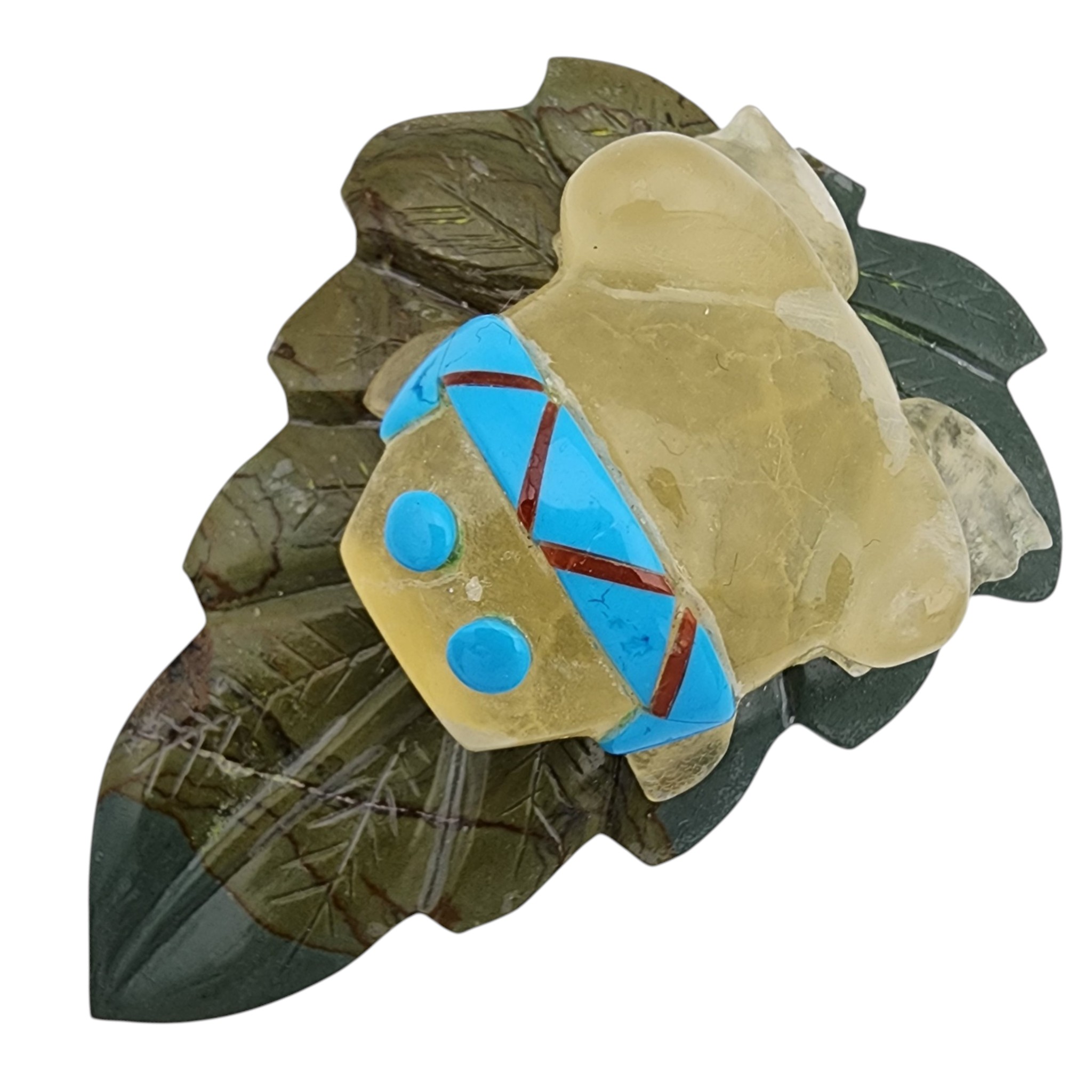 Peter Natewa Zuni Multi-Stone Inlay Frog on Leaf Fetish Carving