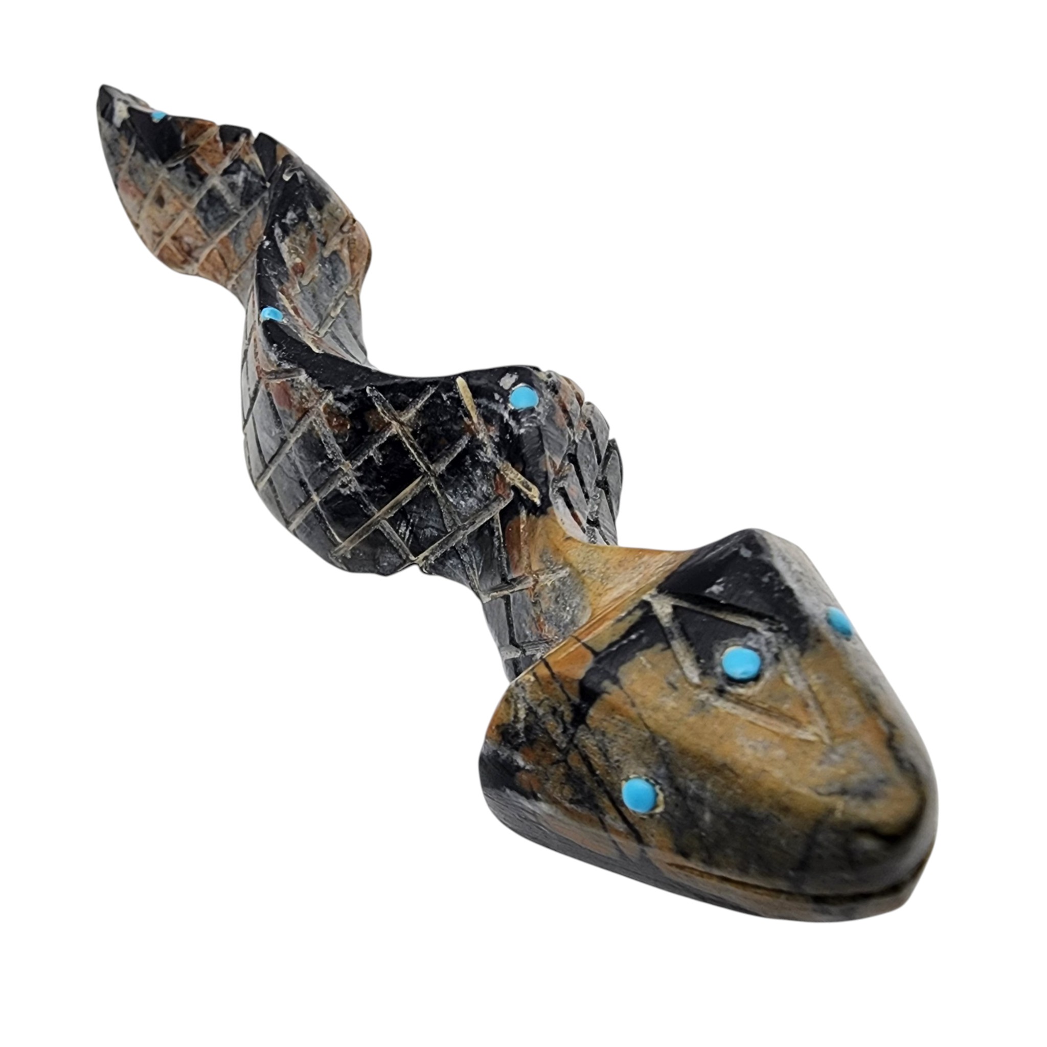 Zuni Picasso Marble and Turquoise Rattlesnake Fetish Carving