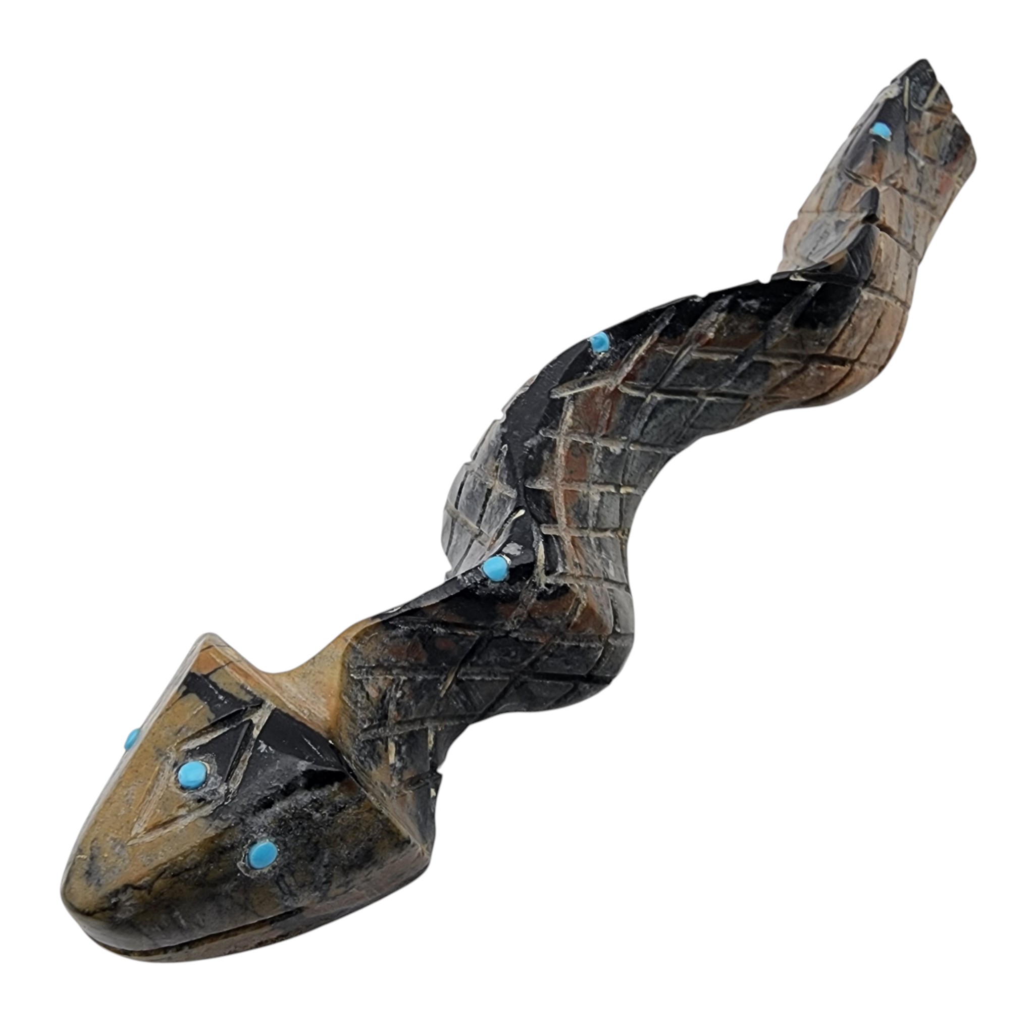 Zuni Picasso Marble and Turquoise Rattlesnake Fetish Carving
