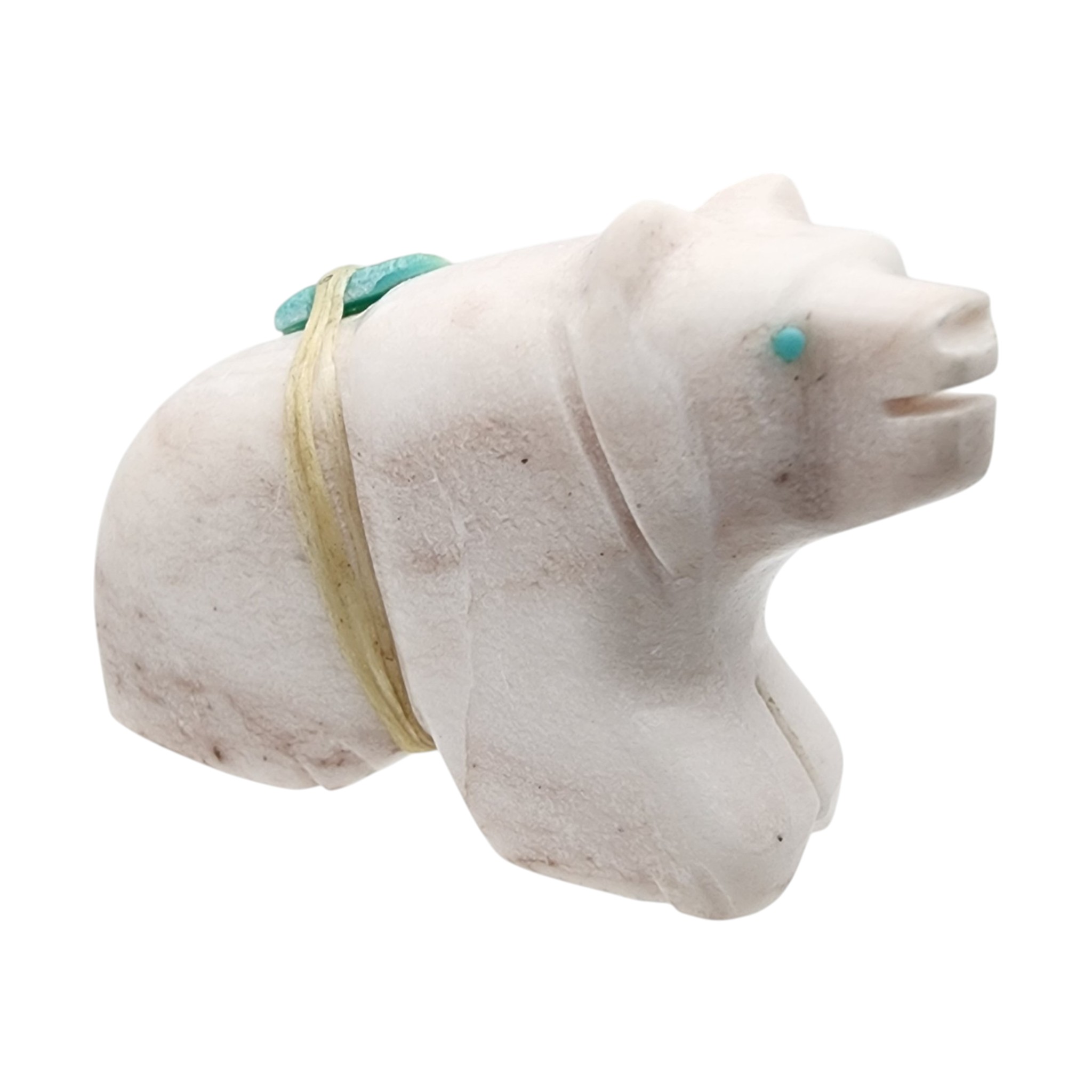 Zuni White Marble and Turquoise Offering Bear Fetish Carving