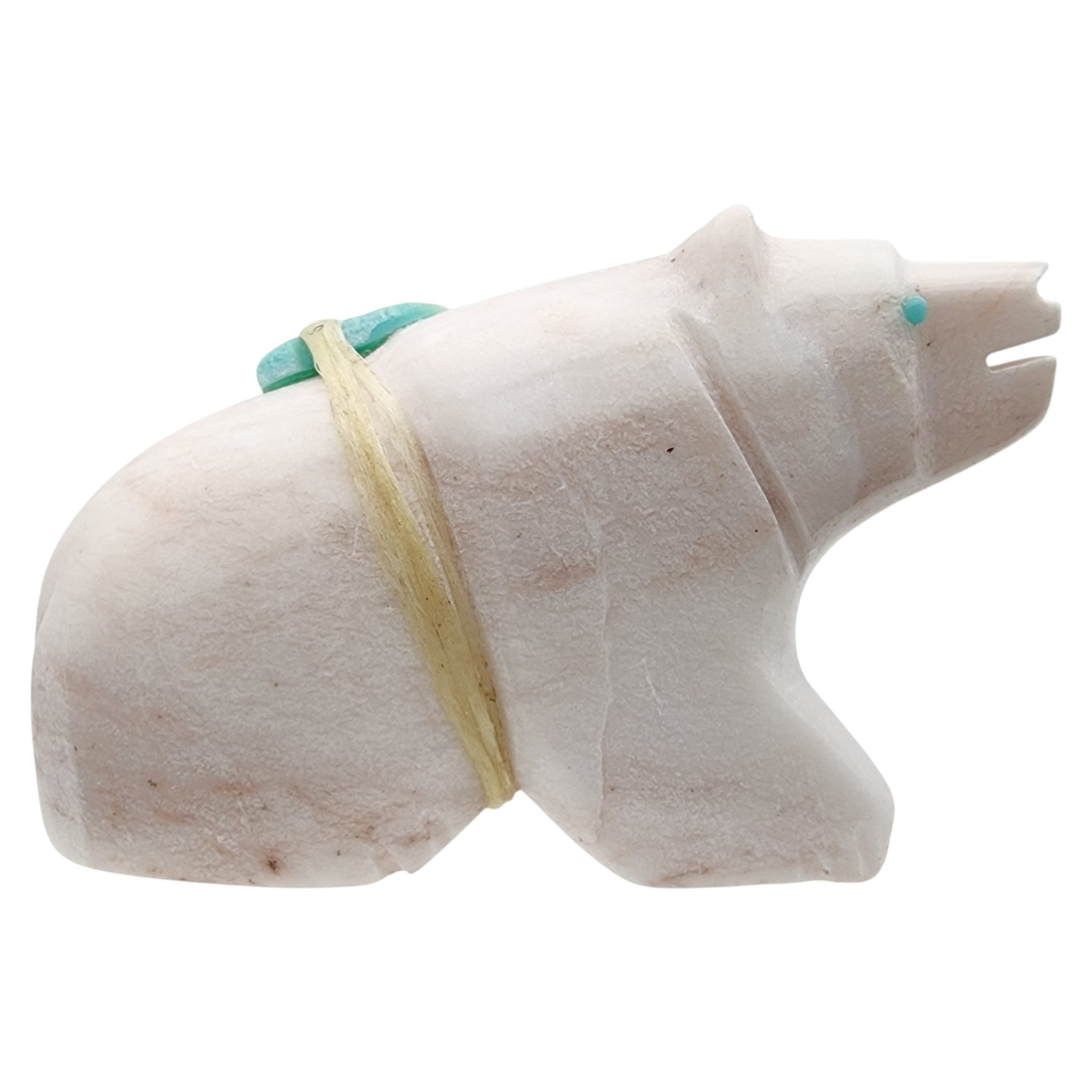 Zuni White Marble and Turquoise Offering Bear Fetish Carving