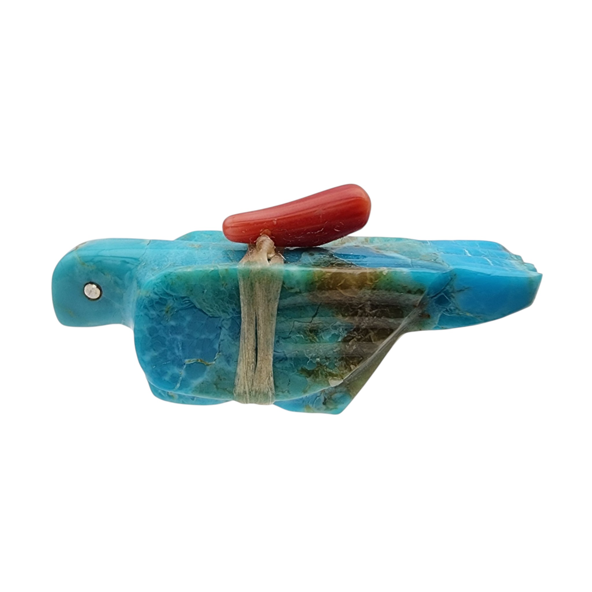 Signed Zuni Turquoise and Coral Offering Bird Fetish Carving