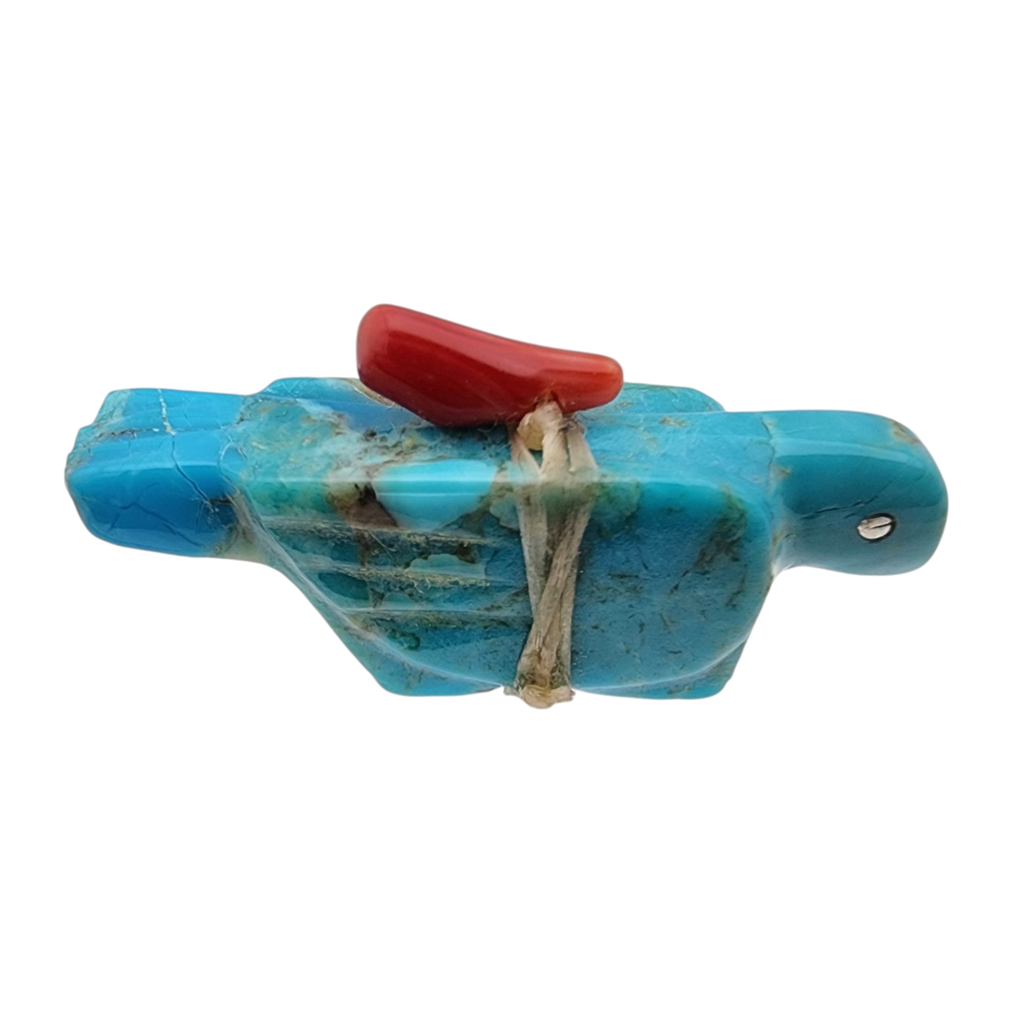 Signed Zuni Turquoise and Coral Offering Bird Fetish Carving