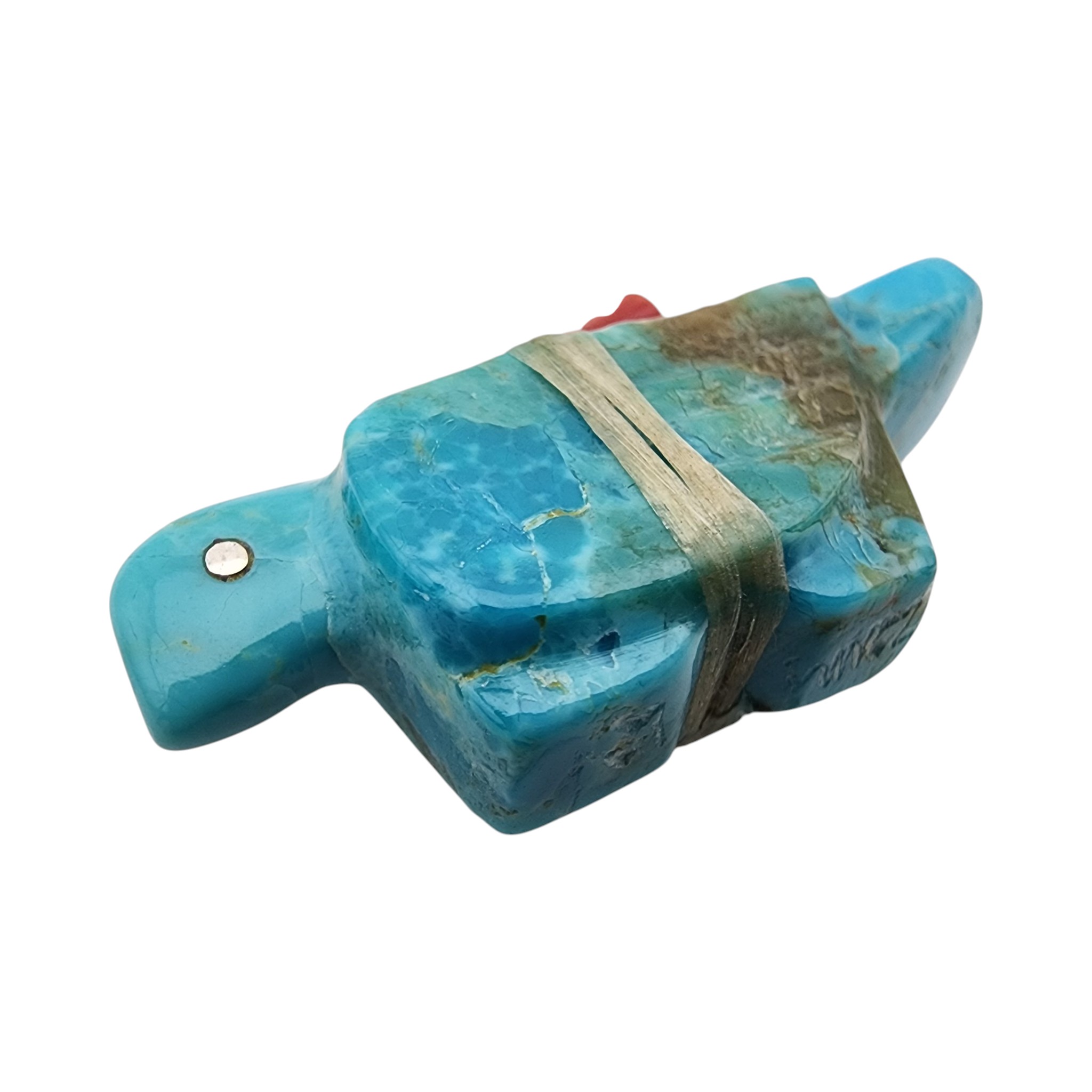 Signed Zuni Turquoise and Coral Offering Bird Fetish Carving