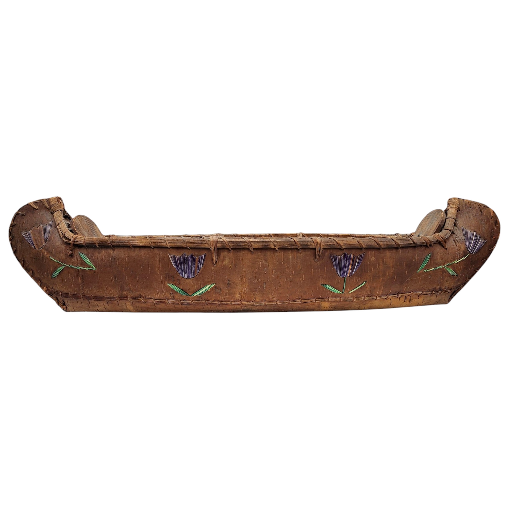 Antique Woodland Indian Native American Quillwork Birch Bark Canoe Model