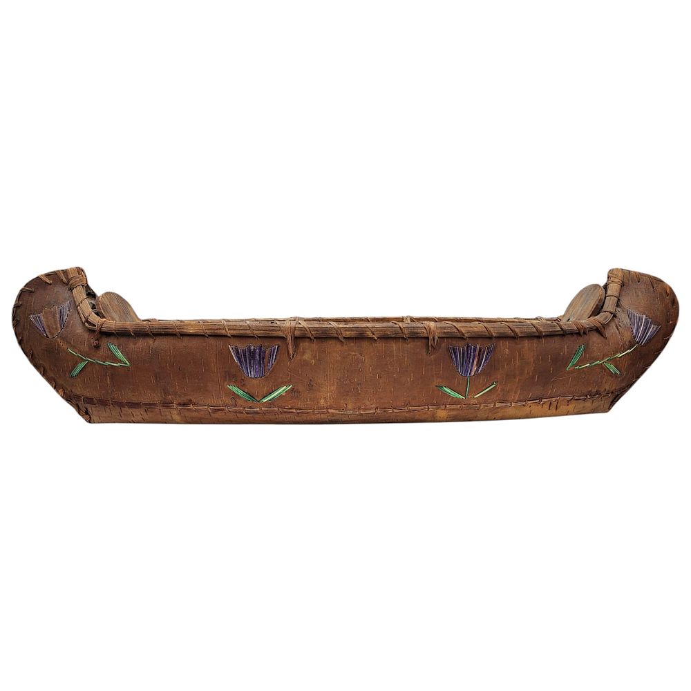 Lot 426: Antique Woodland Indian Native American Quillwork Birch Bark Canoe Model