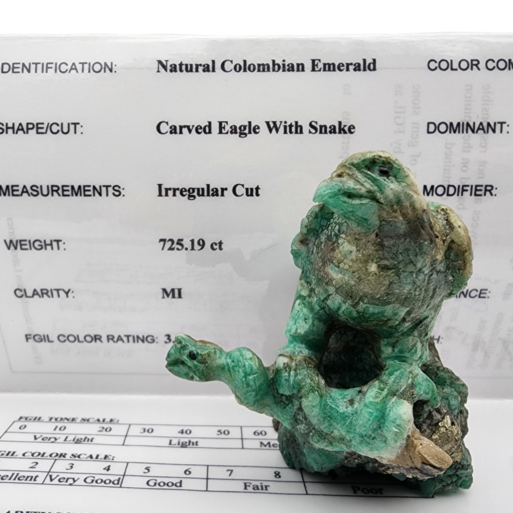 Certified Natural Colombian Emerald Eagle and Snake Carving