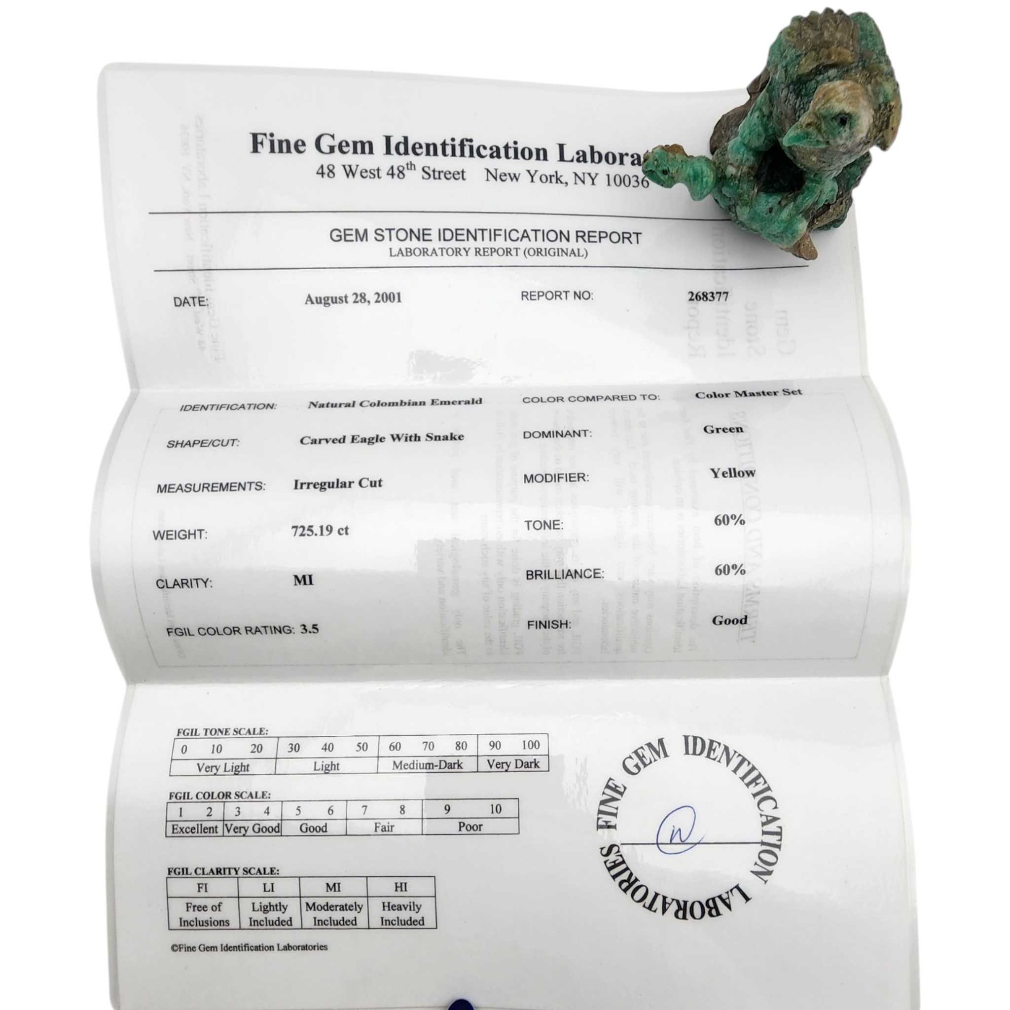 Certified Natural Colombian Emerald Eagle and Snake Carving