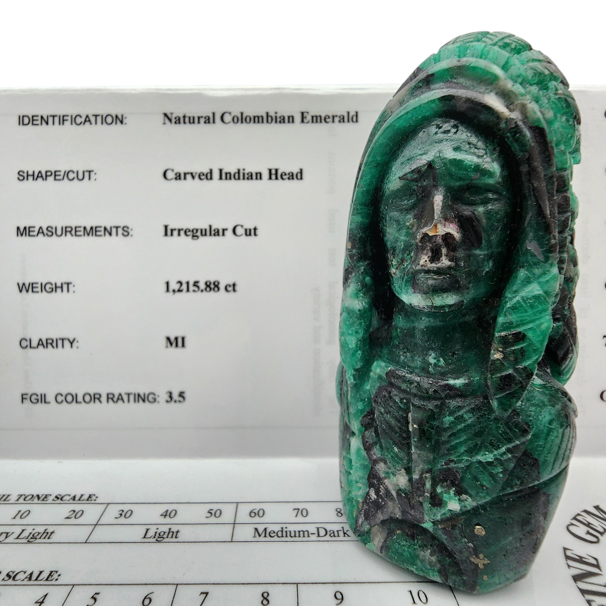 Certified Natural Colombian Emerald Indian Head Carving