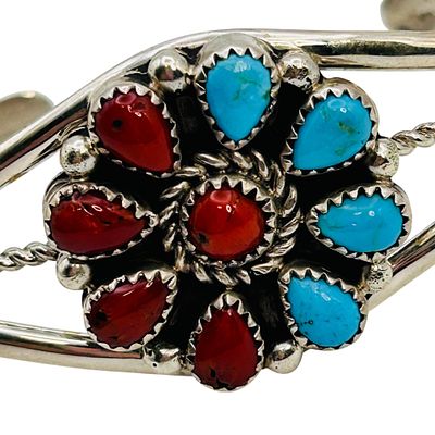 Darlene Begay Navajo Sterling Turquoise Coral Cuff bracelet | 21.7g