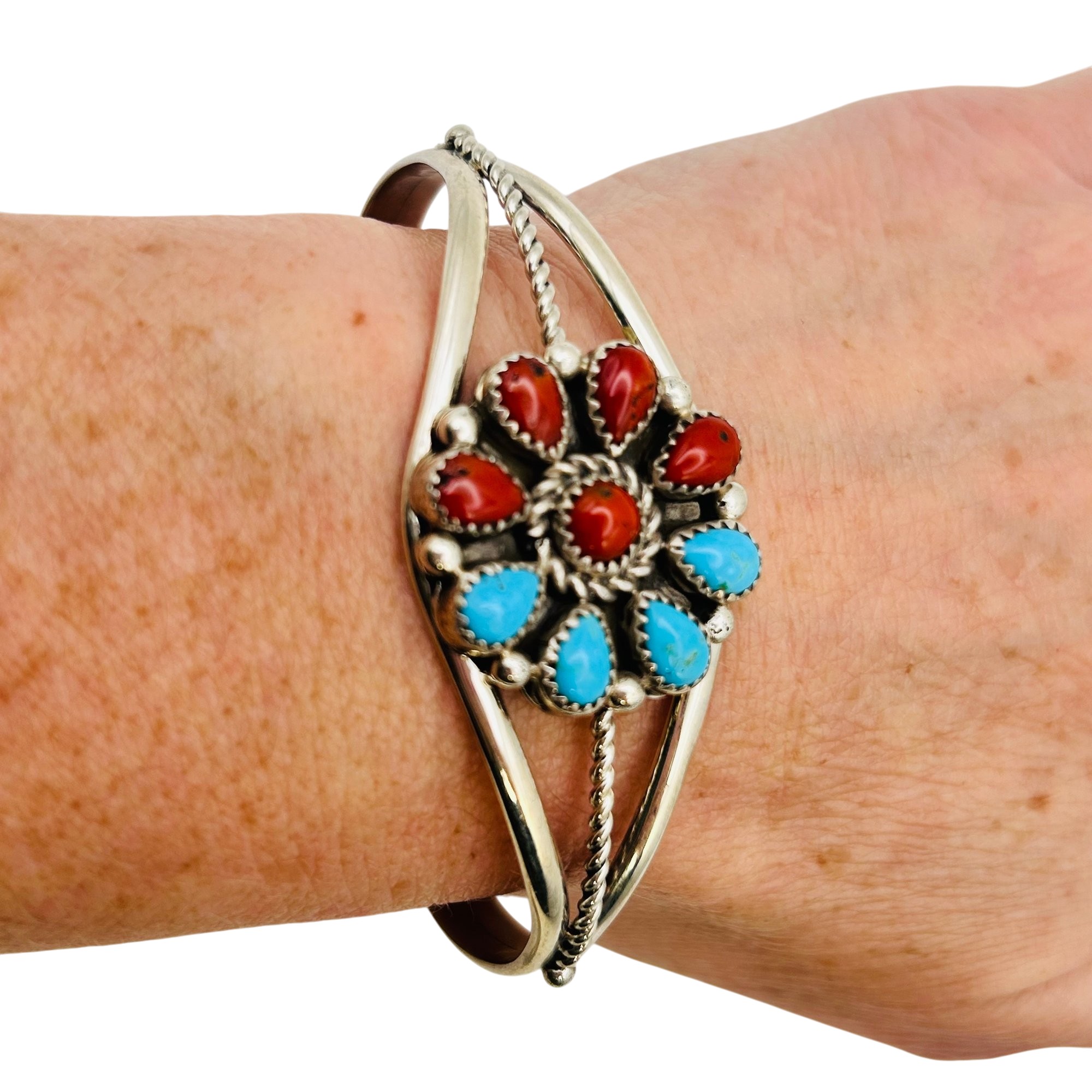 Darlene Begay Navajo Sterling Turquoise Coral Cuff