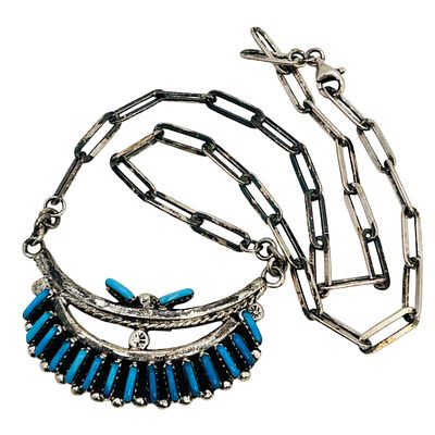 Southwestern Sterling Kingman Turquoise Necklace. Southwestern Sterling needlepoint Kingman 