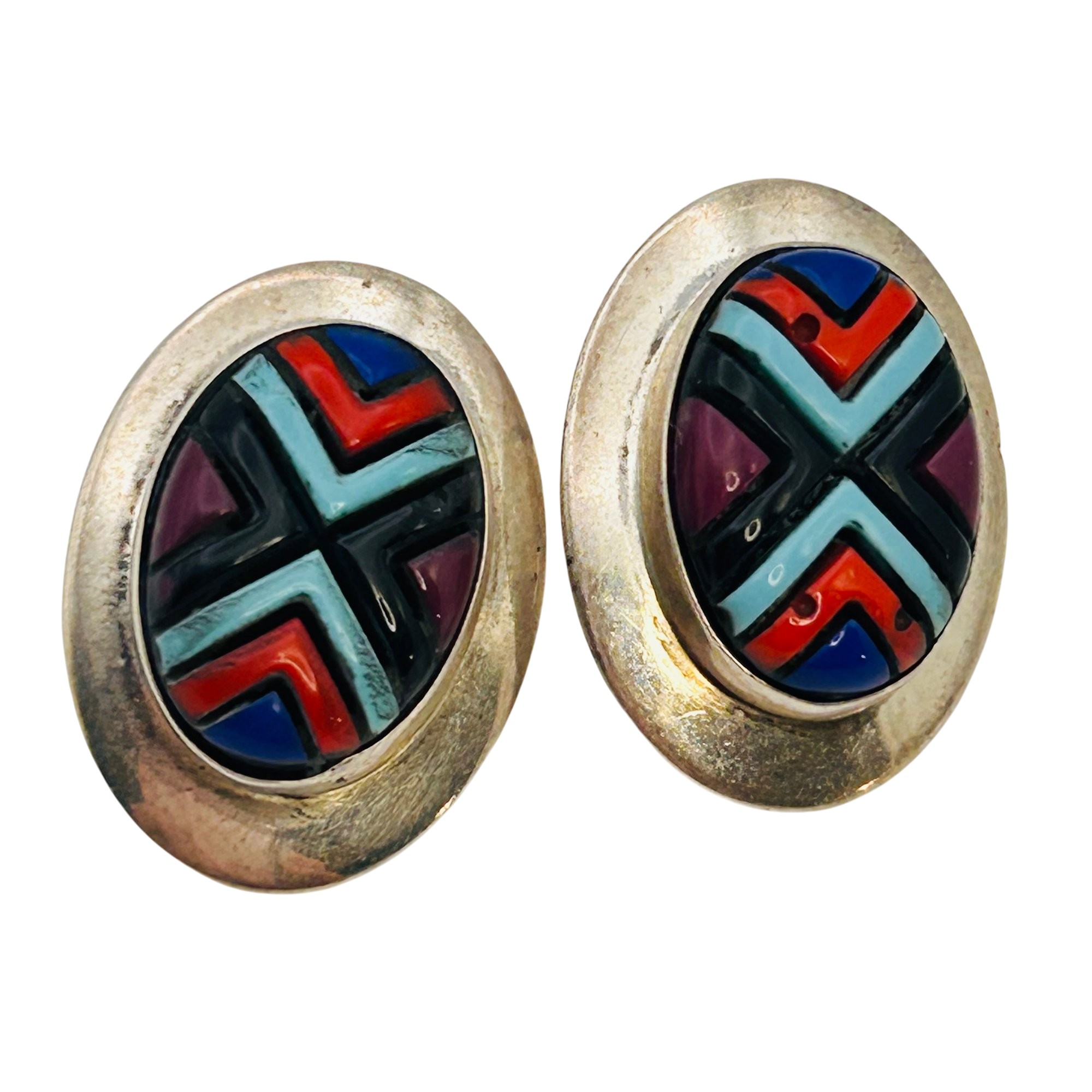 Ella Peters Navajo Sterling Multi Gem Oval Earrings