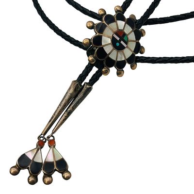 Zuni Sterling Multi-stone Bolo Tie Leather Cord. Zuni sterling multi-stone sun-face bolo tie 
