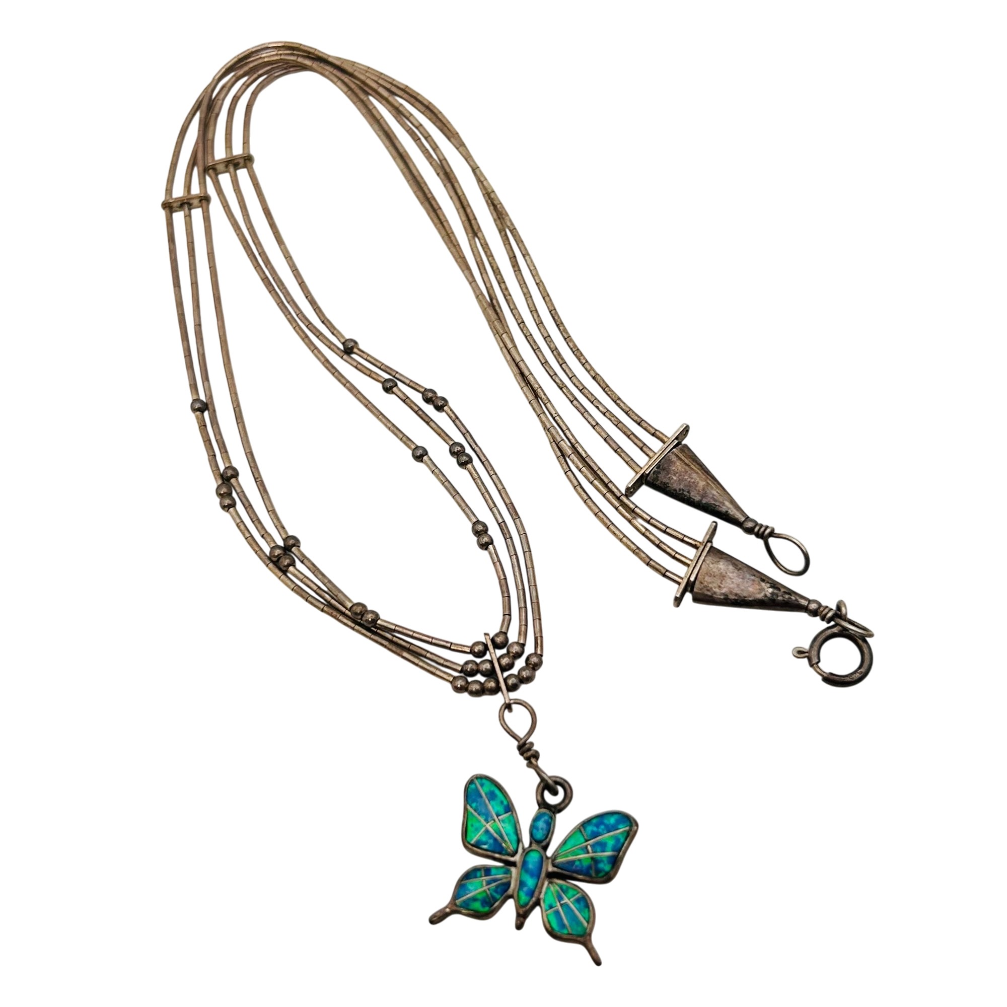 Southwest Sterling Opal Butterfly Liquid Silver Necklace