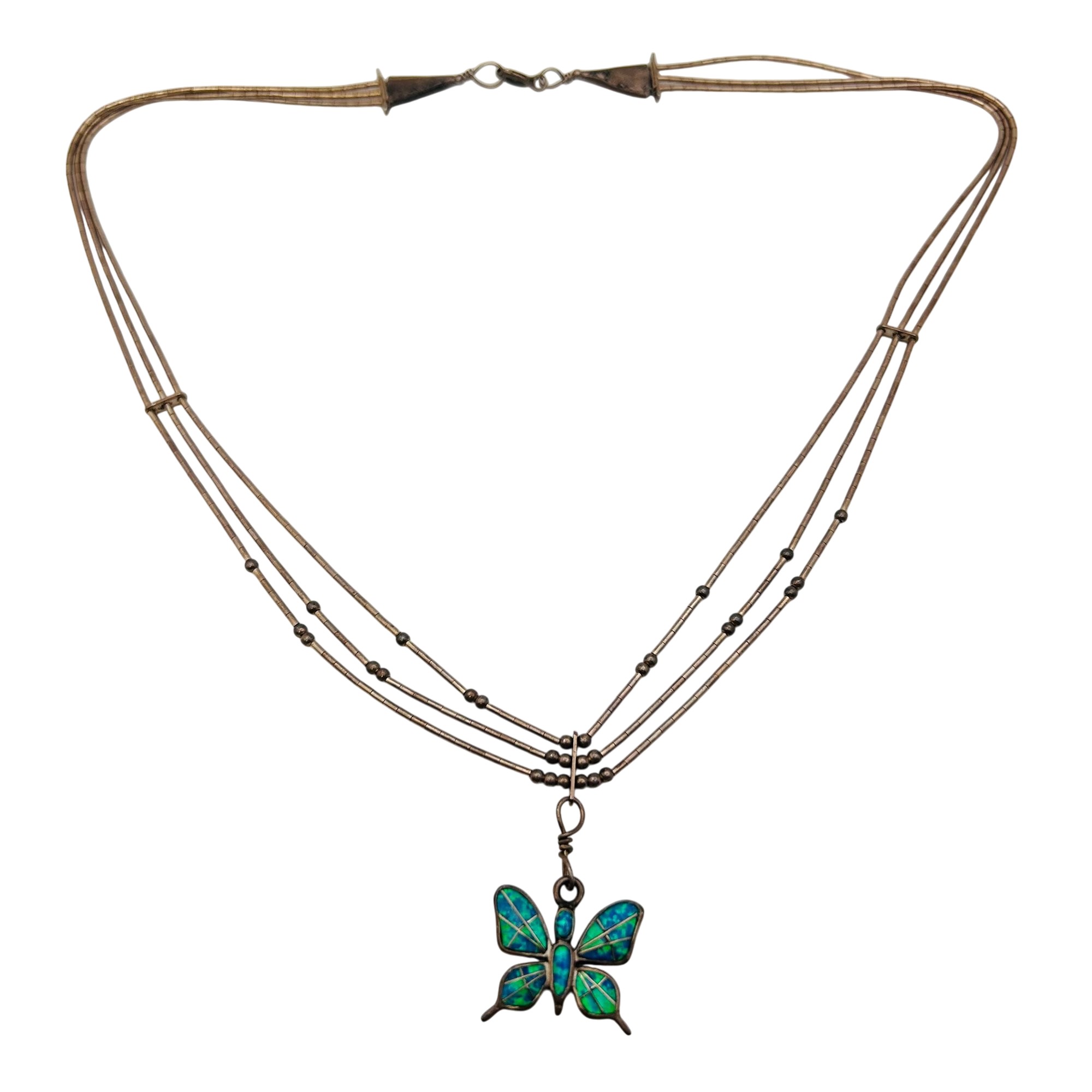 Southwest Sterling Opal Butterfly Liquid Silver Necklace