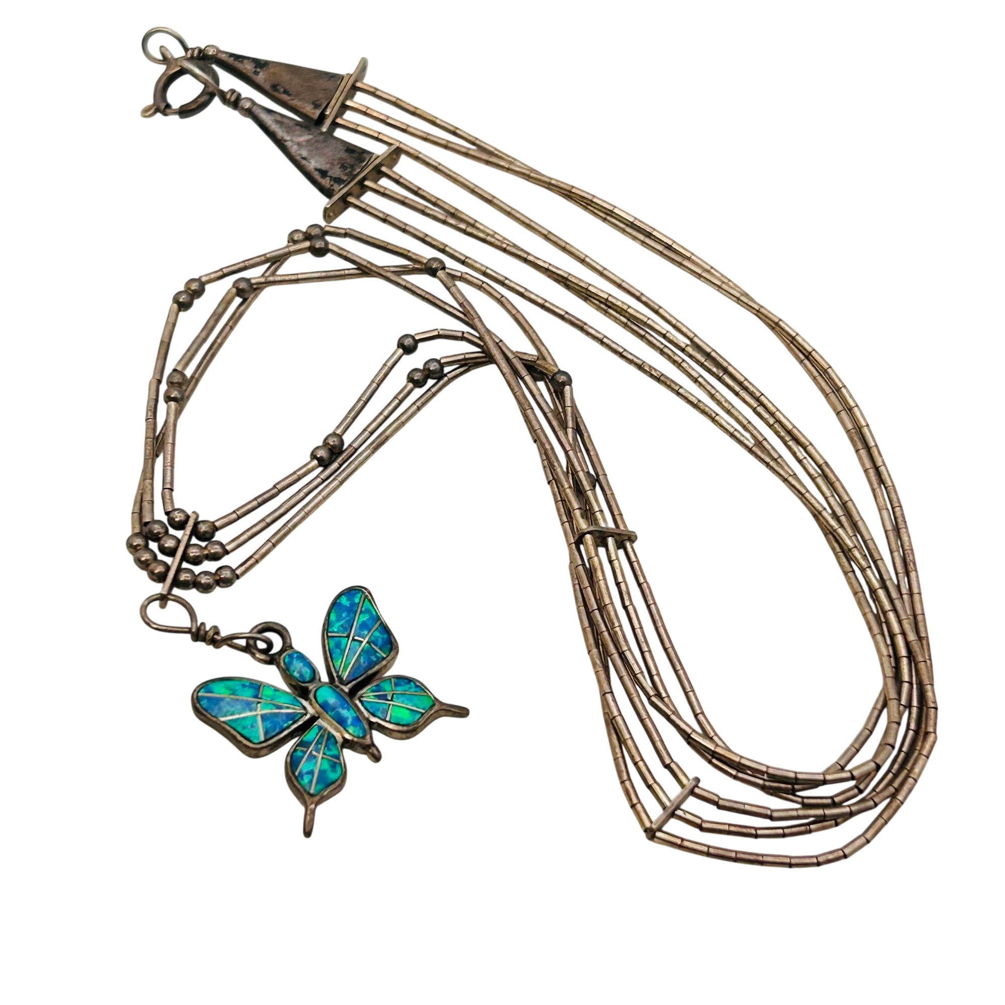 Southwest Sterling Opal Butterfly Liquid Silver Necklace
