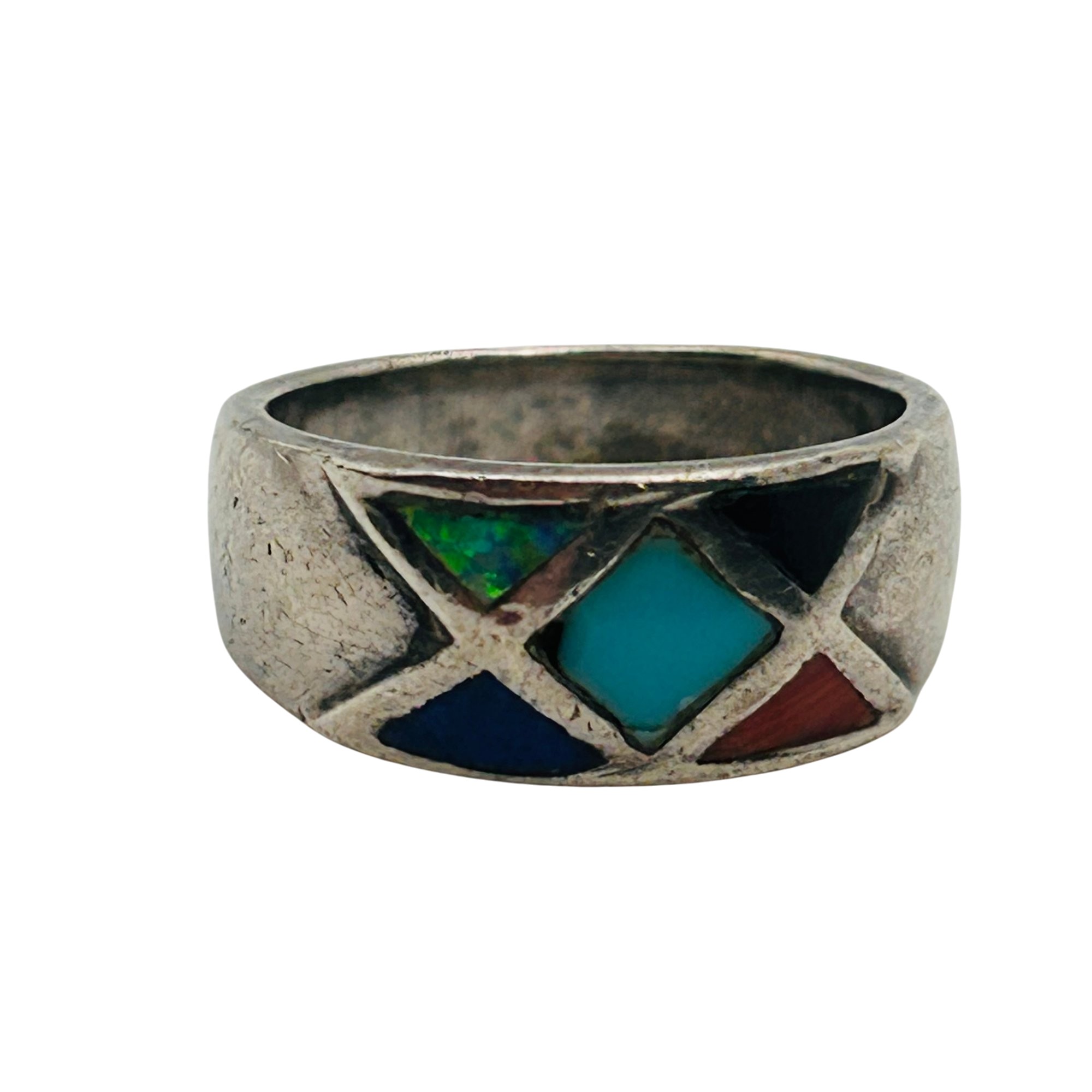 Signed Native Sterling Inlay Multi Stone Ring Sz 6