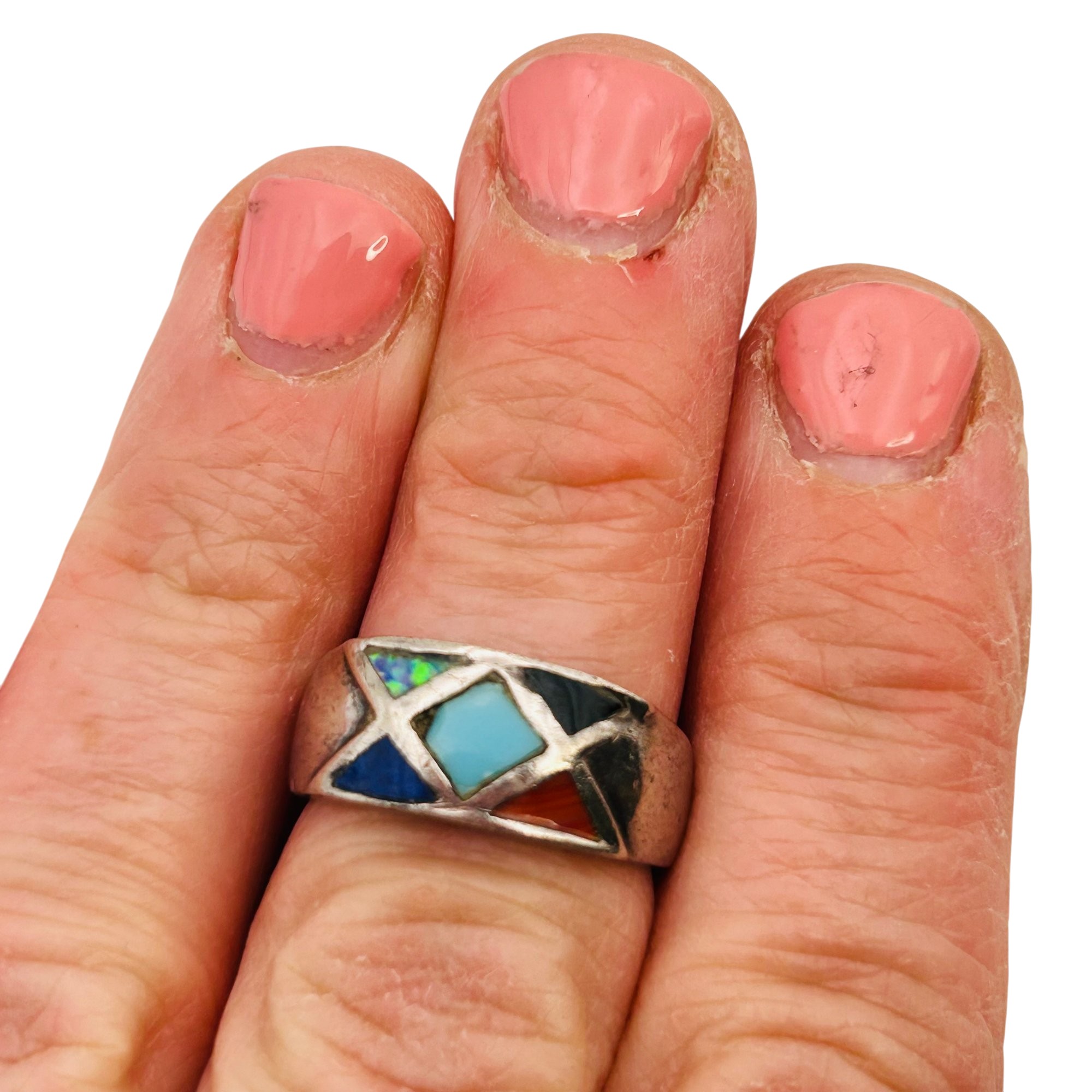 Signed Native Sterling Inlay Multi Stone Ring Sz 6