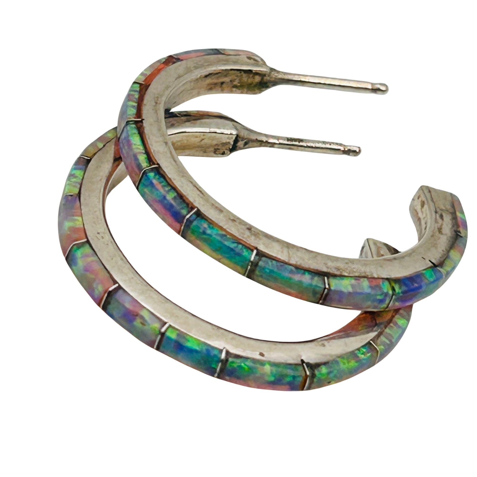 Zuni Sterling Inlay Opal Hoop Earrings