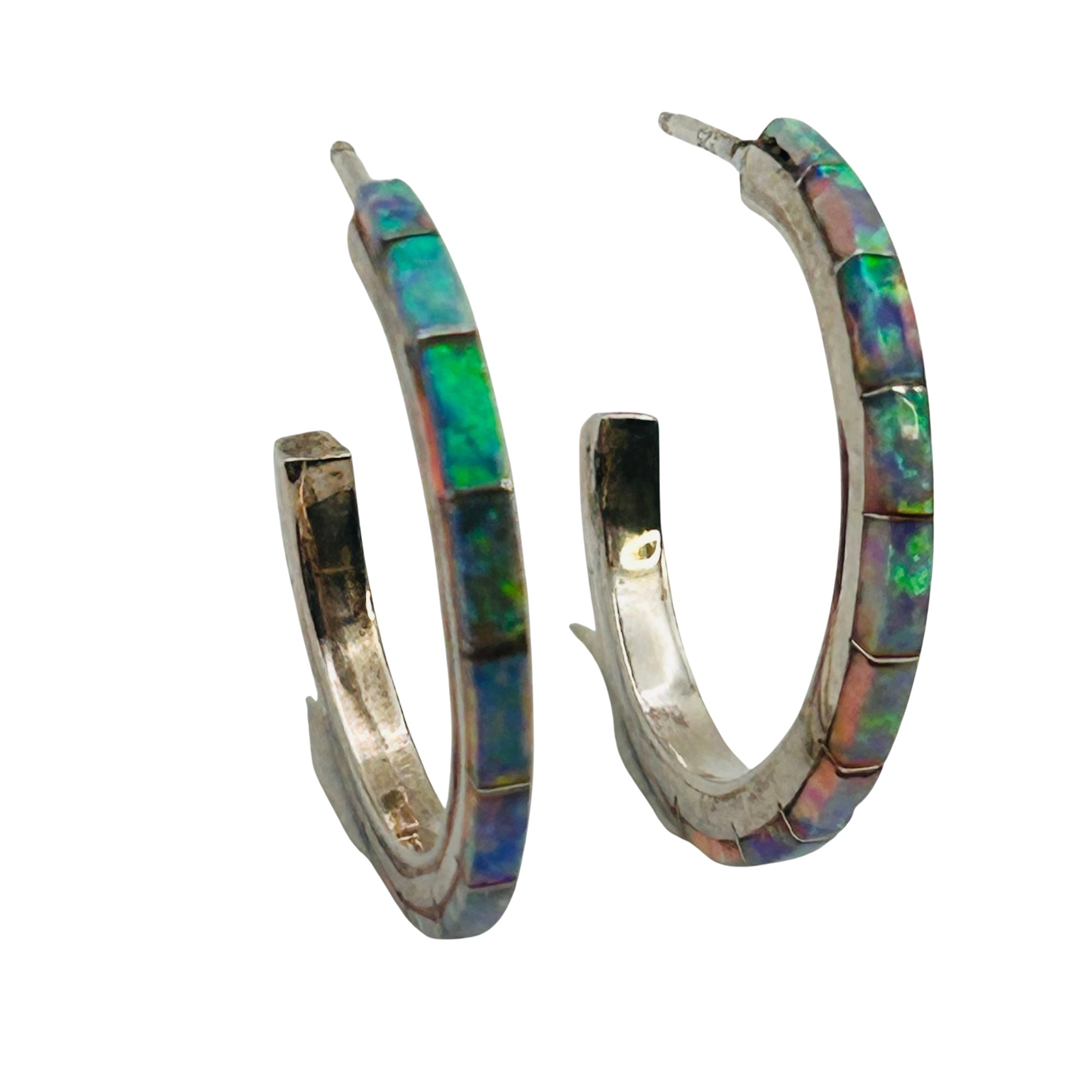 Zuni Sterling Inlay Opal Hoop Earrings