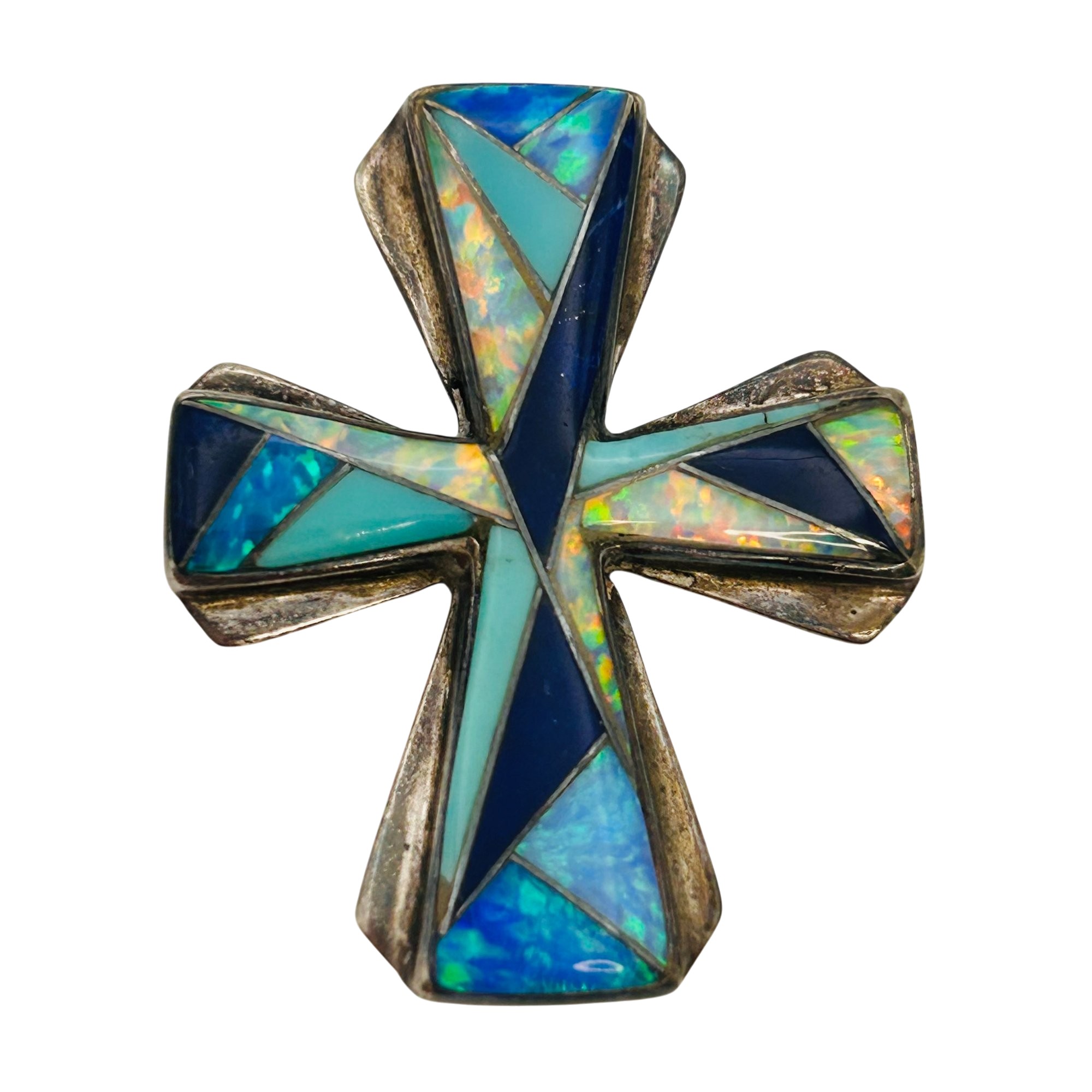 Signed Southwest Sterling Inlay Stone Cross Pendant